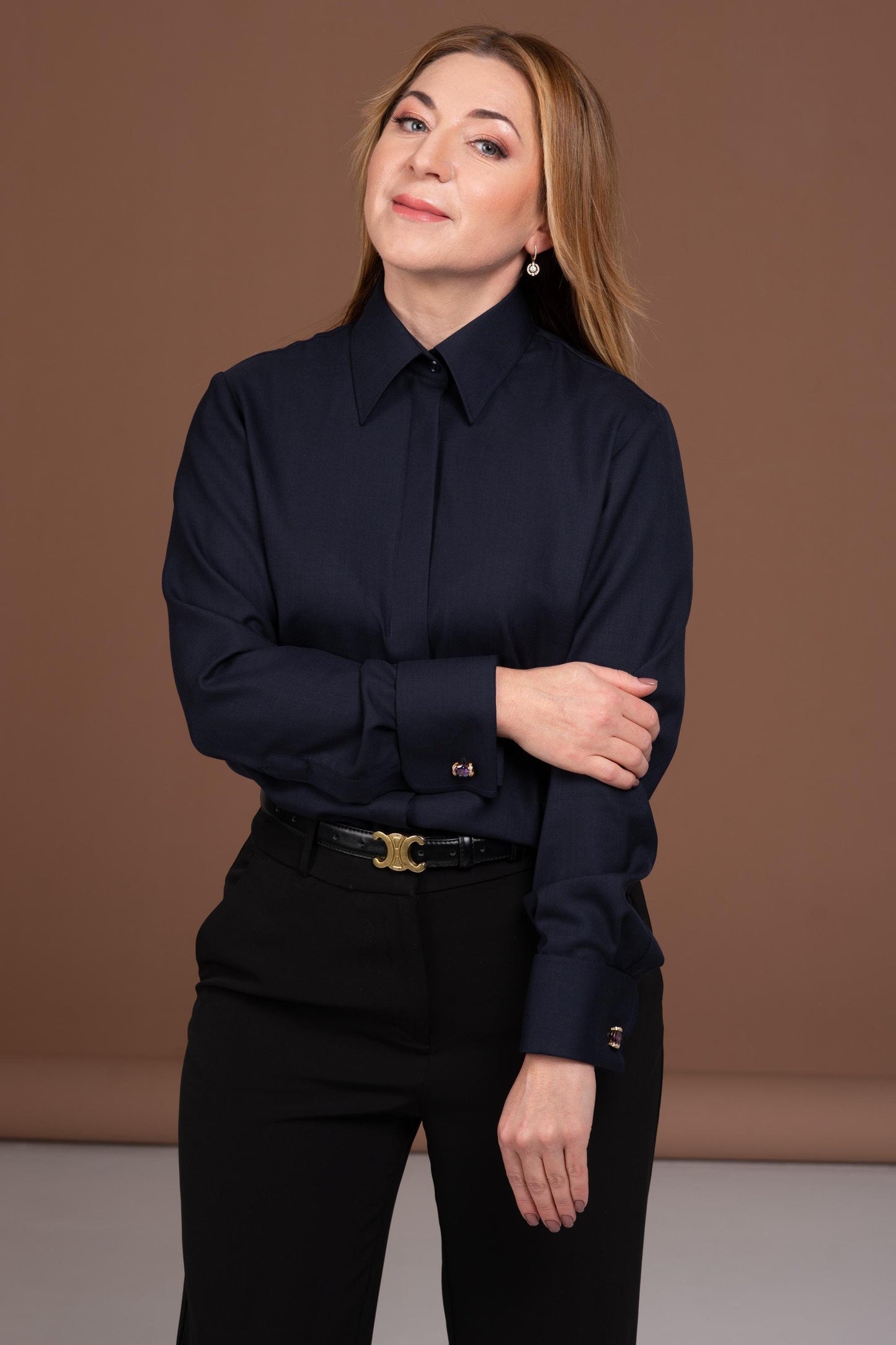 Luxury Navy Merino Wool French Cuff Shirt - Women's Business Blouse
