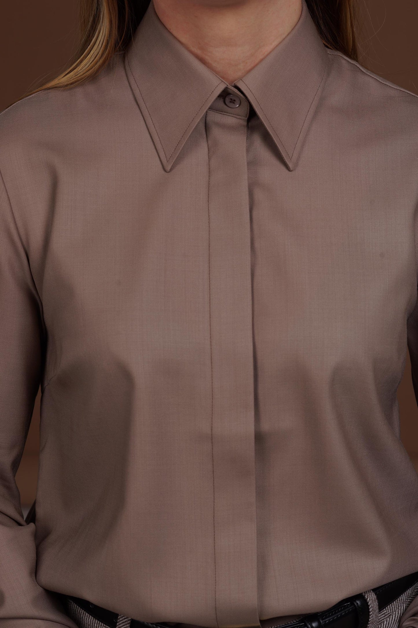 Luxury Merino Wool Shirt: Mocha Brown French Cuff Blouse