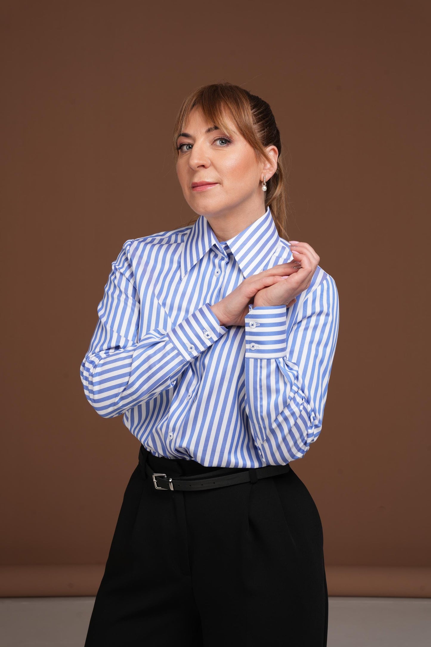 Women's Blue Striped Cotton Shirt – Classic Button Down Shirt – Premium Quality Business Shirt – Straight Cut Blouse – Office Wear