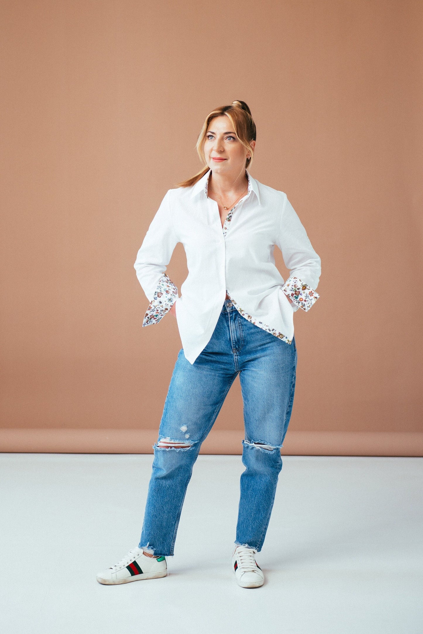 White Linen Cotton Blouse: Floral Accents, Convertible Sleeve