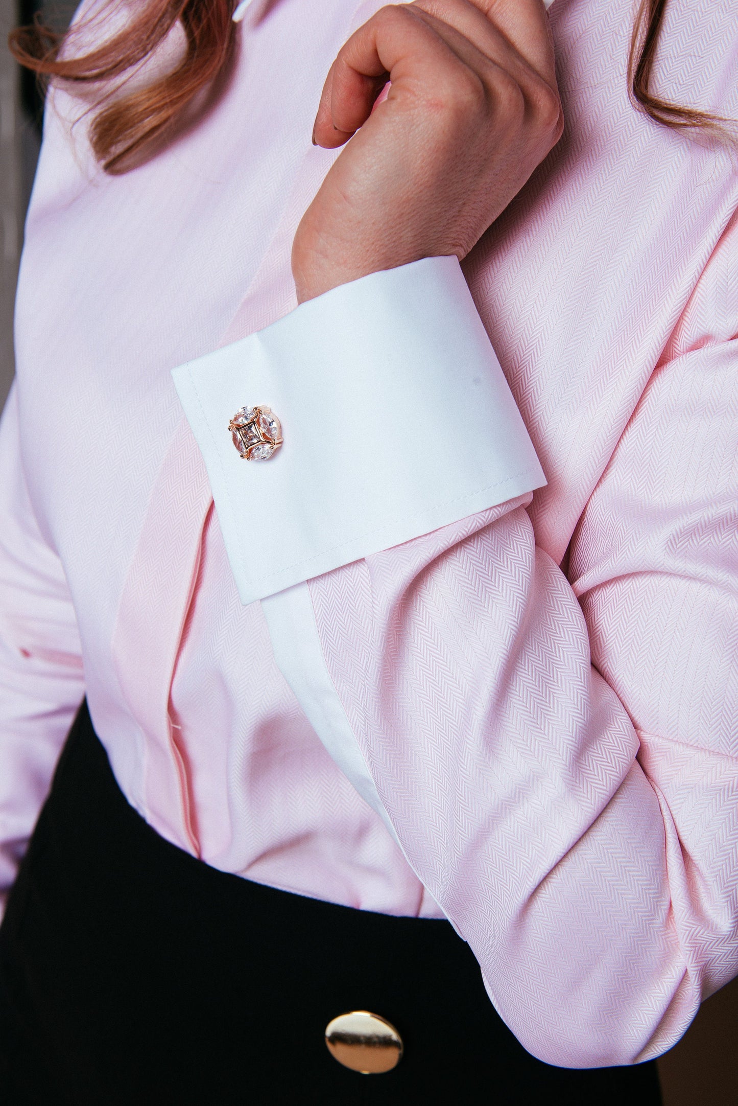 Elegant Pink Cotton French Cuff Blouse: High Collar Womens Shirt
