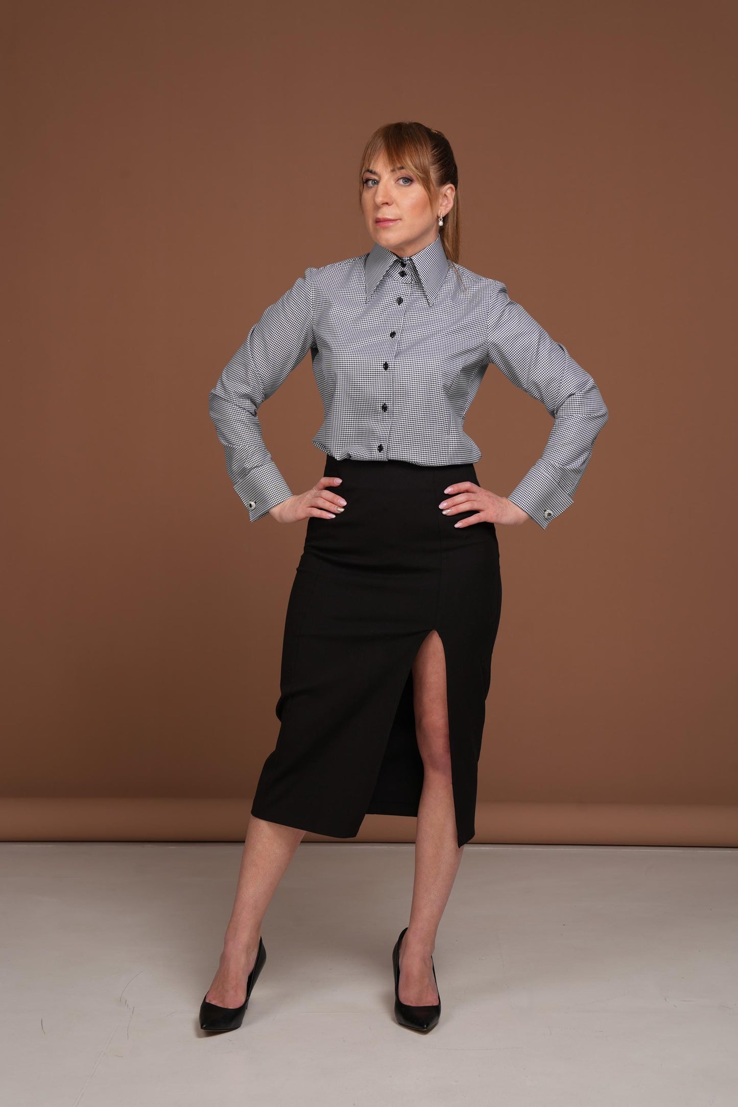 Houndstooth French Cuff Blouse: Fitted Black & White Cotton Shirt