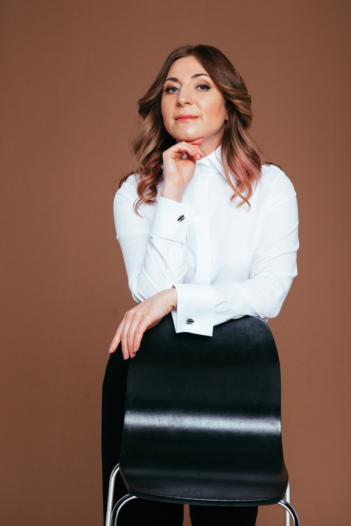 White Oxford French Cuff Blouse: Fitted No Iron High Collar Shirt