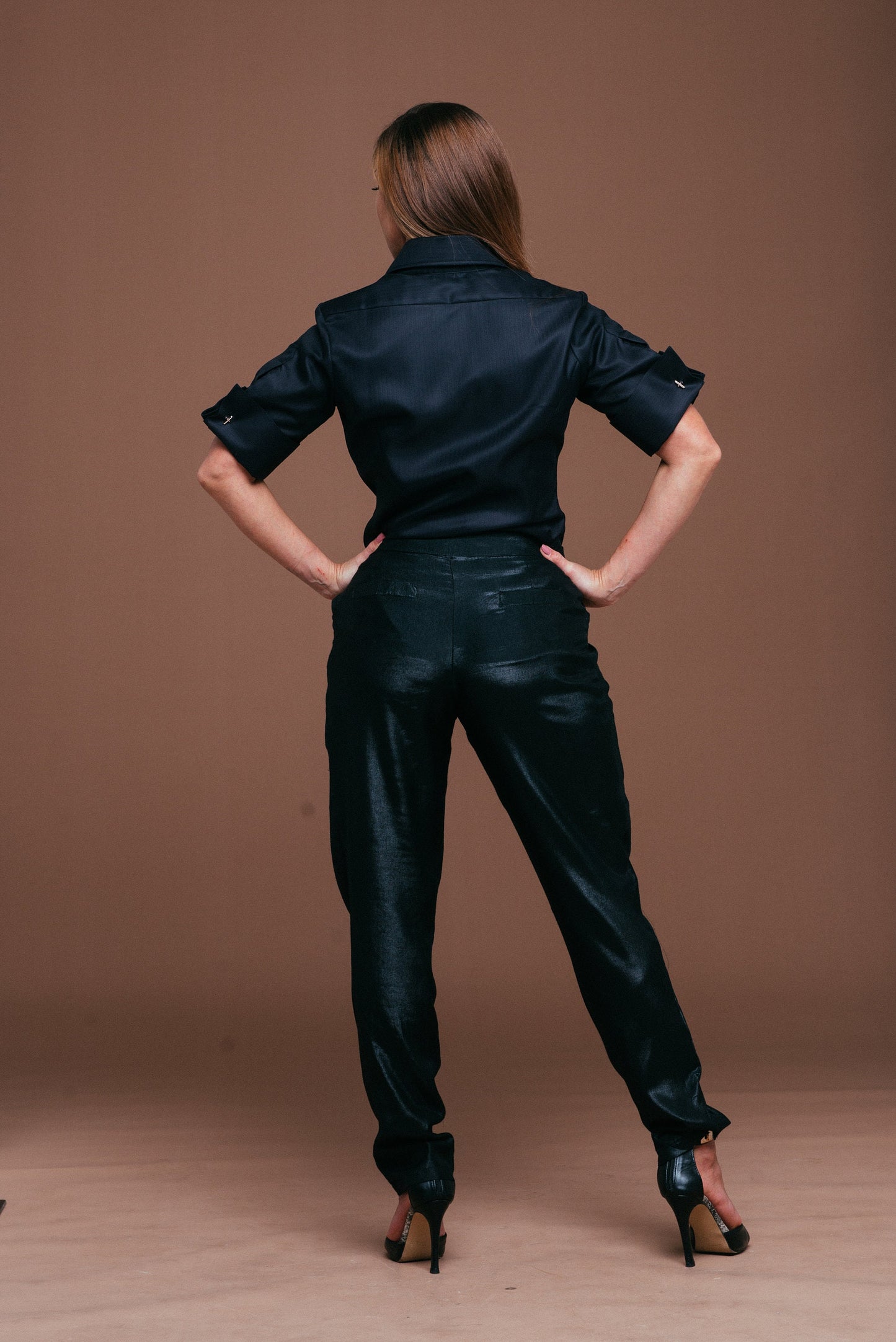Black Herringbone French Cuff Blouse: 100% Cotton Slim Fit