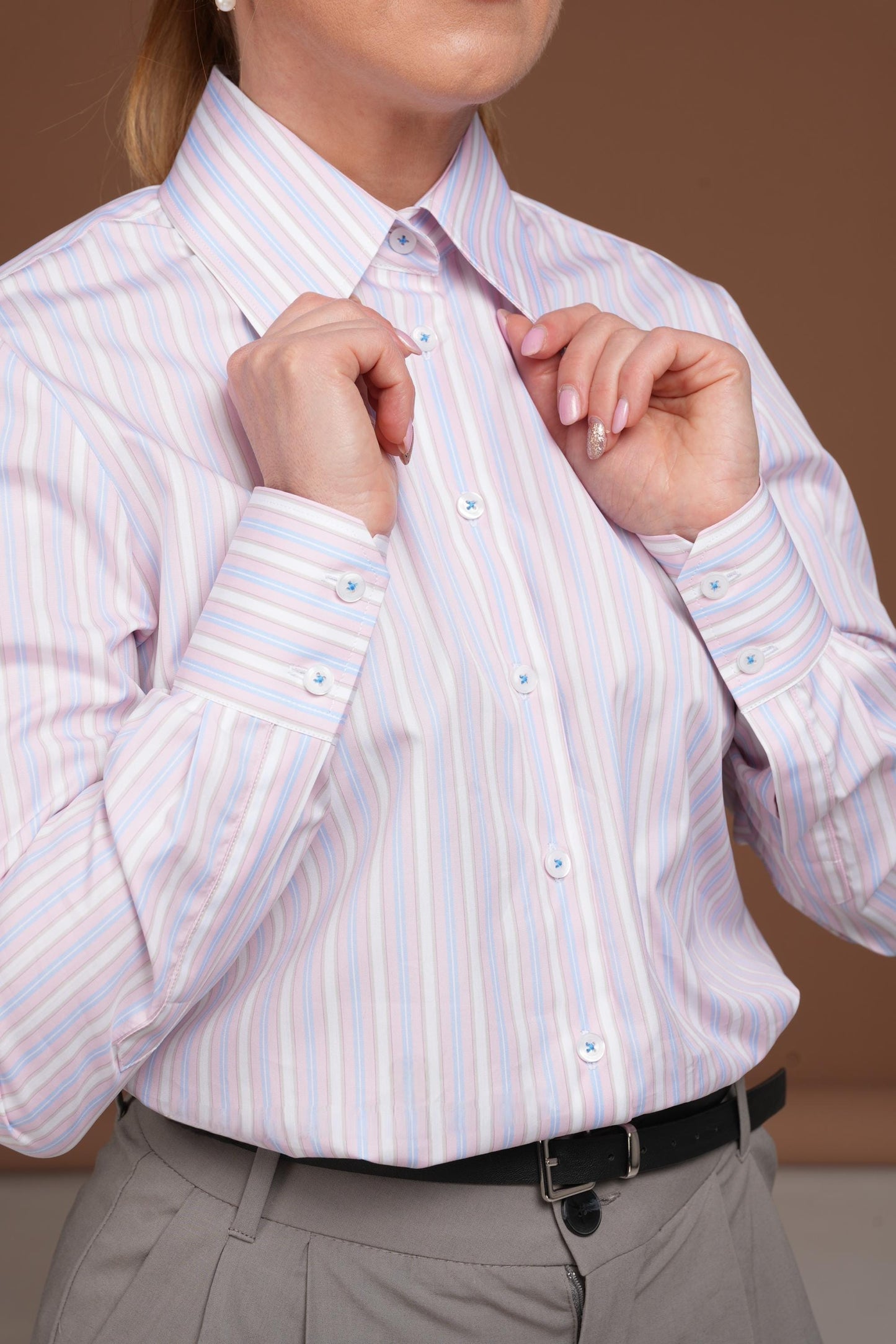Pink Striped Cotton Button-Down Shirt: Classic Business Blouse