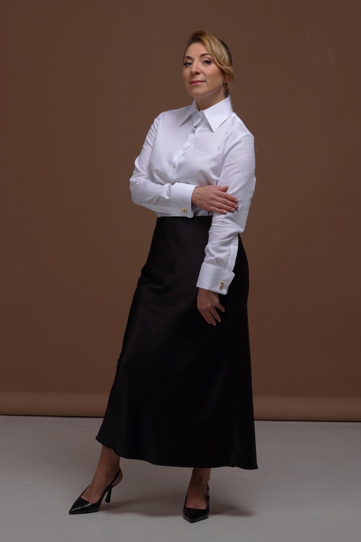 Floral Texture French Cuff Blouse: High Collar 100% Cotton Shirt for Women