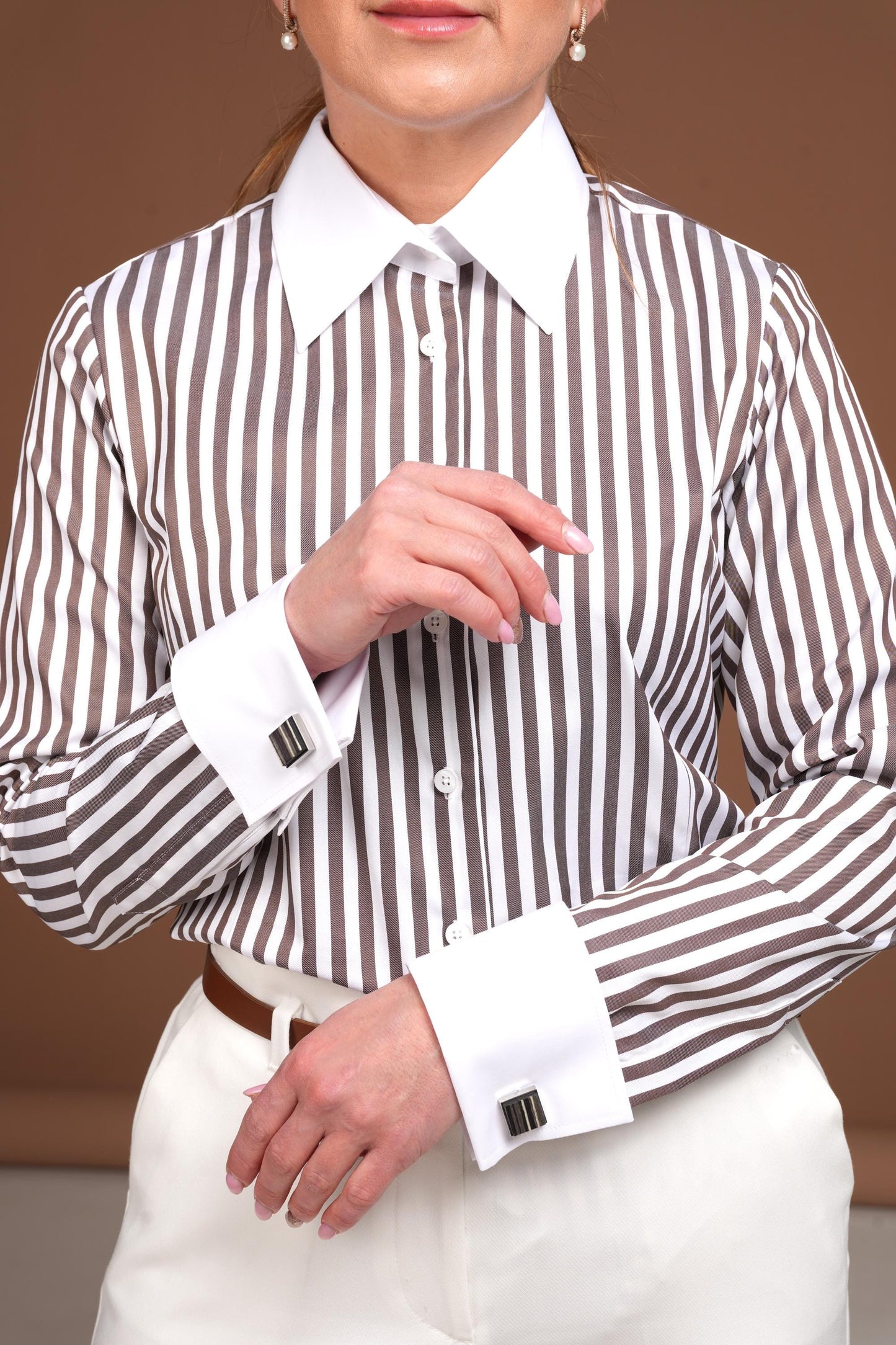 Striped French Cuff Shirt: Fitted Cotton Button-Down Blouse