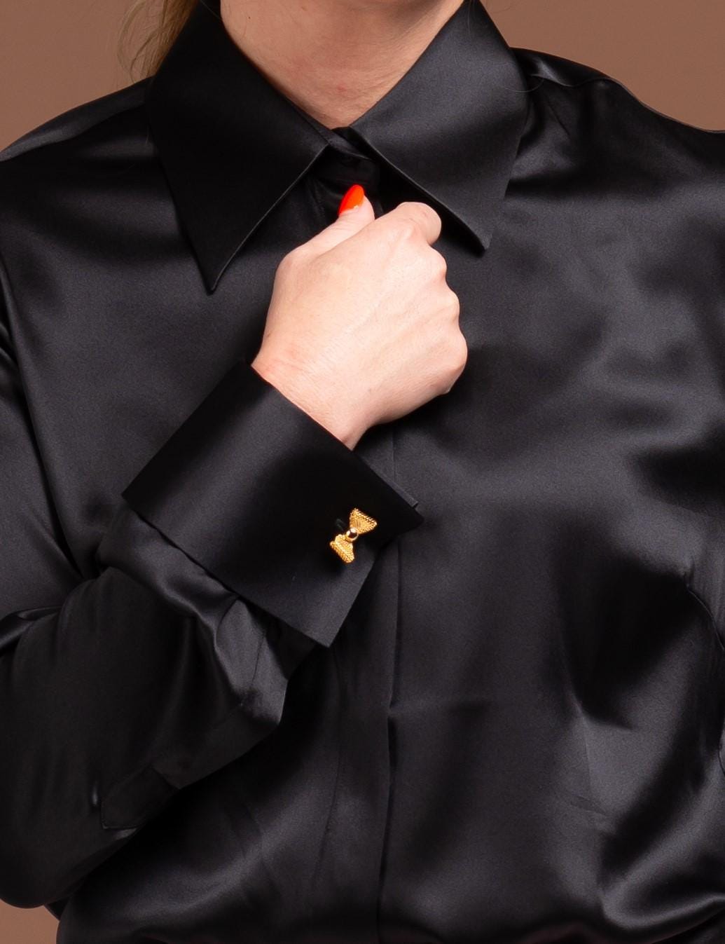 Mulberry Silk Blouse: Black French Cuff Button-Up Shirt