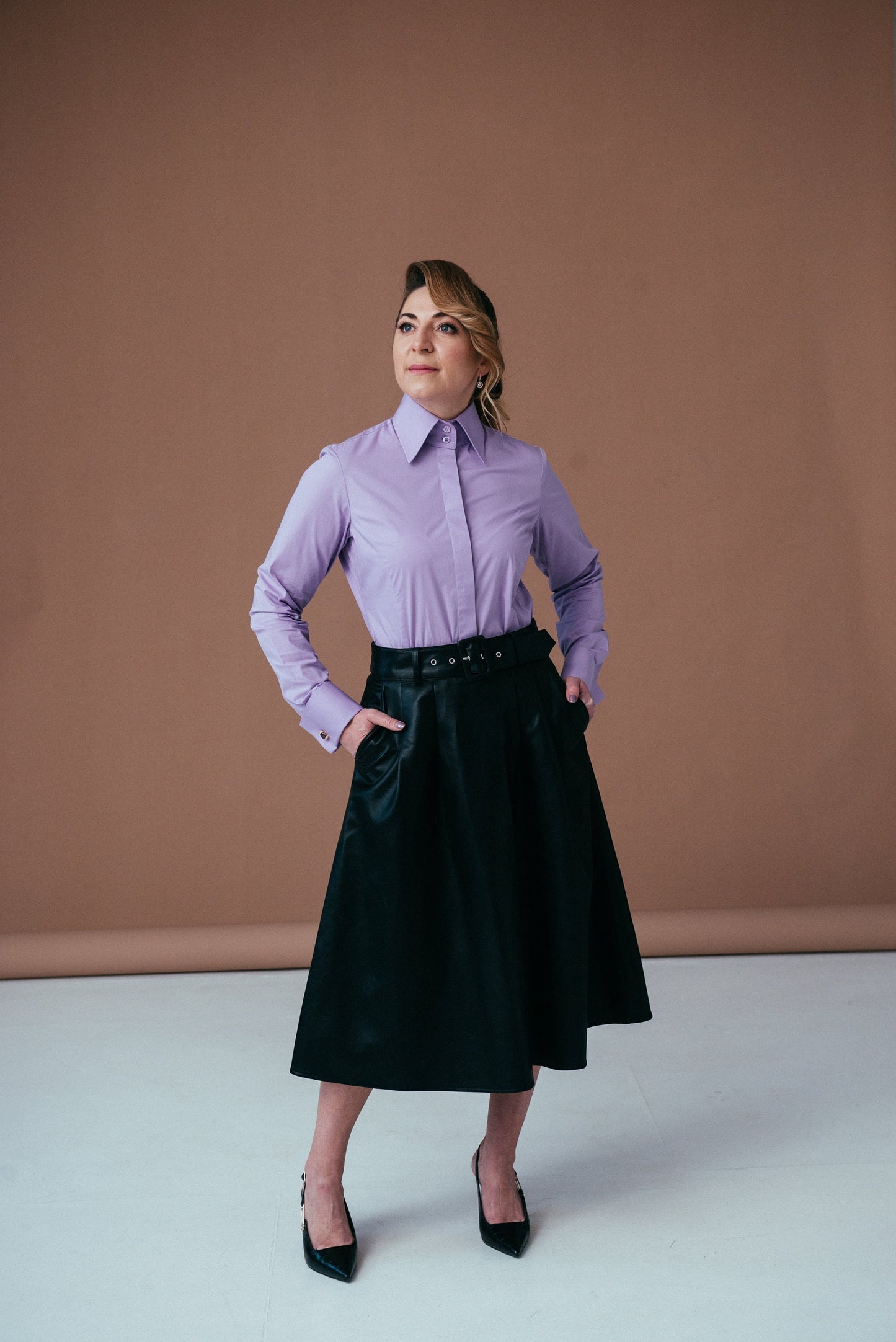 Purple French Cuff Blouse: Stretch Cotton High Collar Shirt