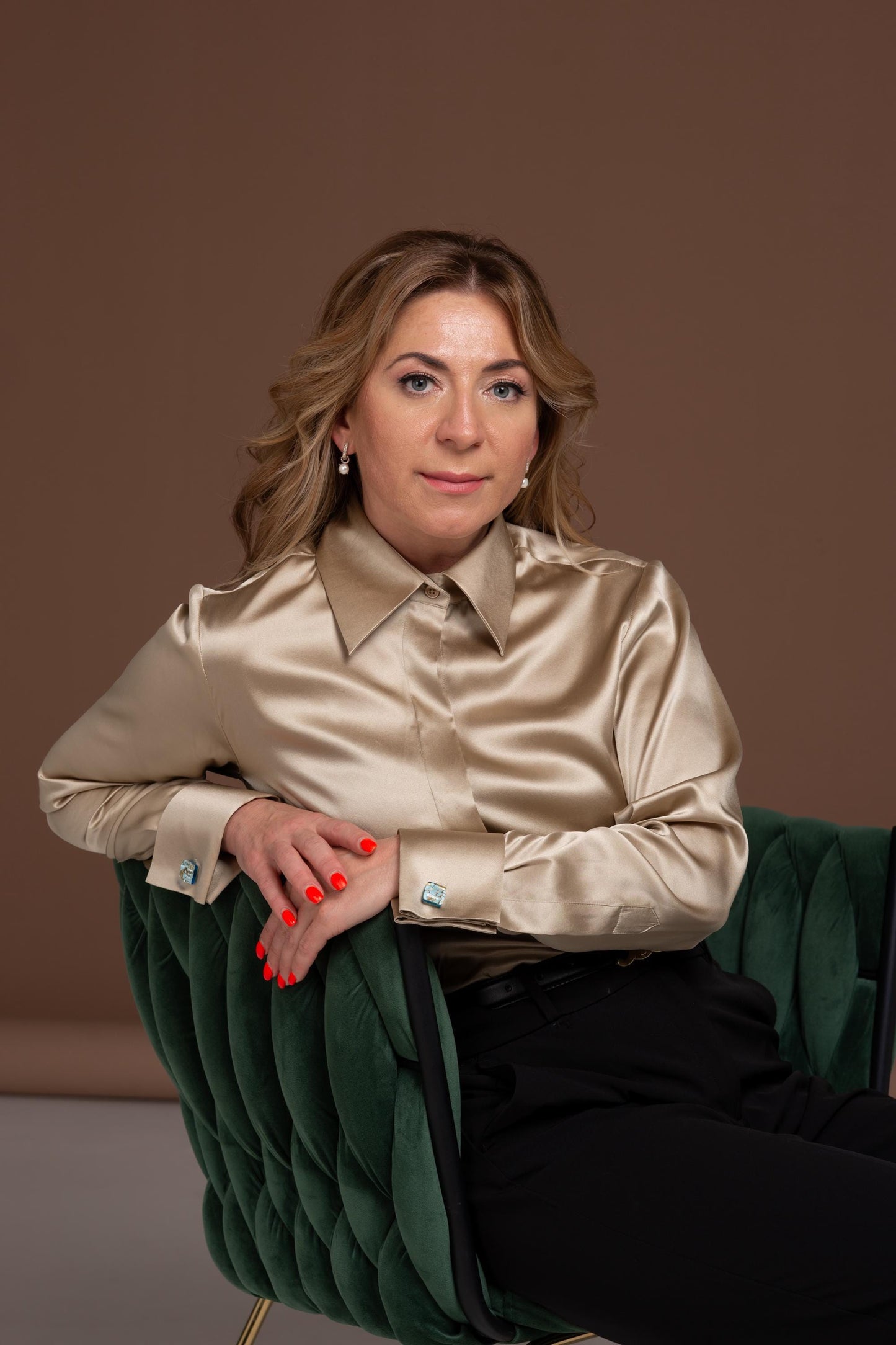 Mulberry Silk Blouse: Gold Button-Up Shirt with French Cuffs