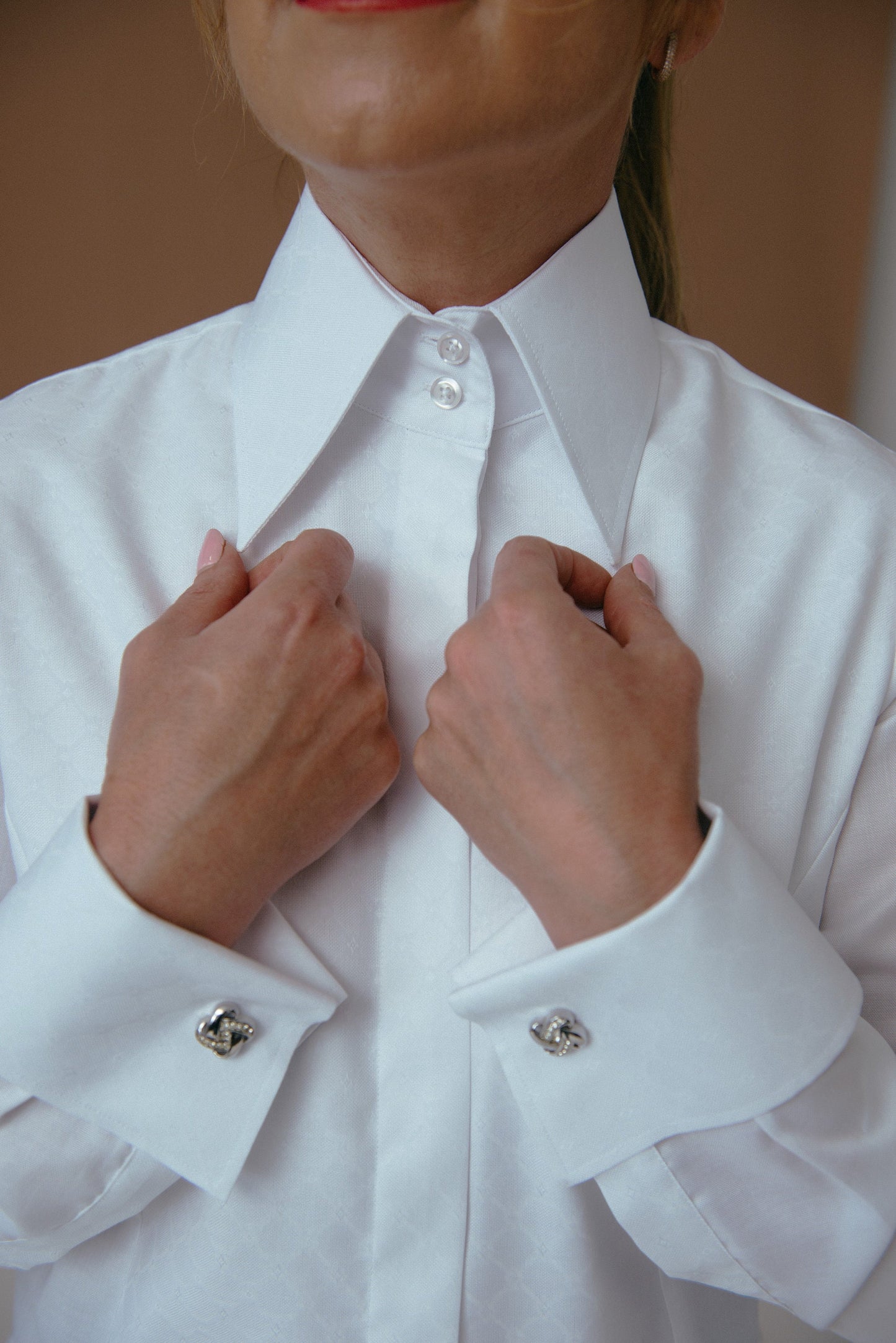 White Oxford Cotton French Cuff Blouse: Non-Iron Tuxedo Shirt