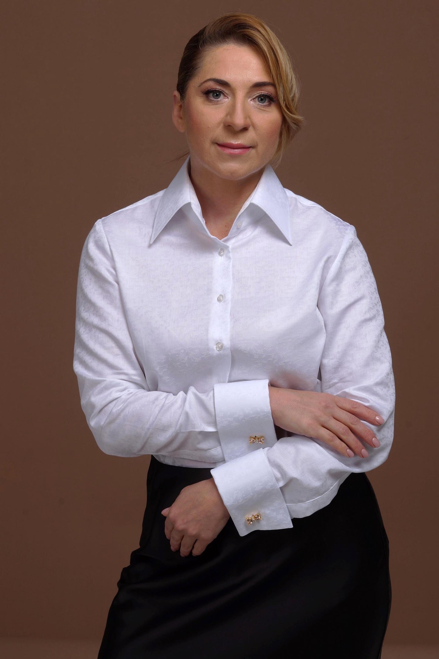 Floral Texture French Cuff Blouse: High Collar 100% Cotton Shirt for Women