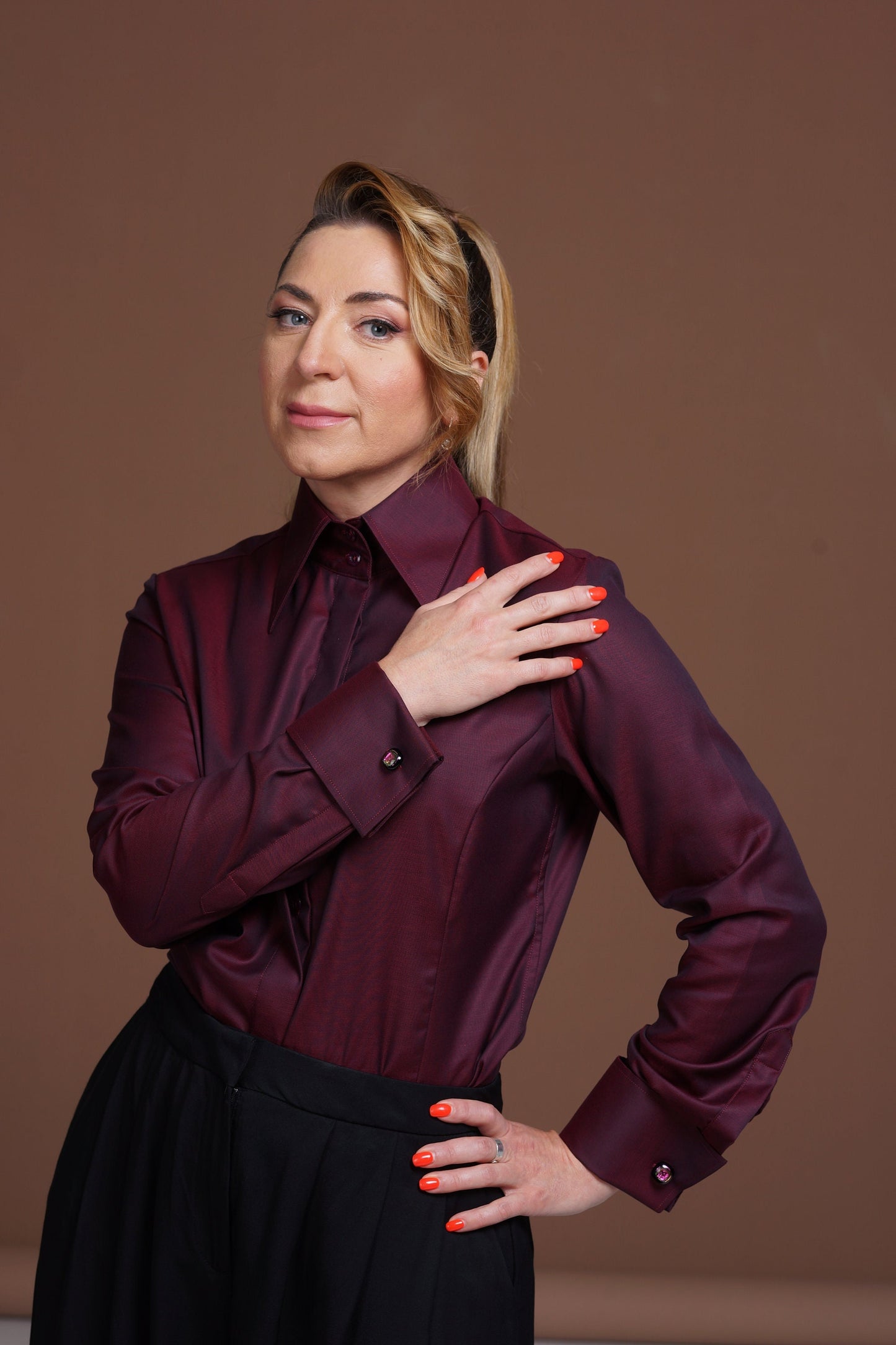 Burgundy French Cuff Blouse: Non-Iron Cotton, High Collar