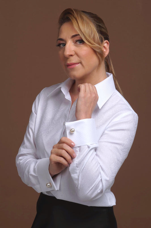 Elegant White Cotton Blouse: French Cuff Paisley Shirt
