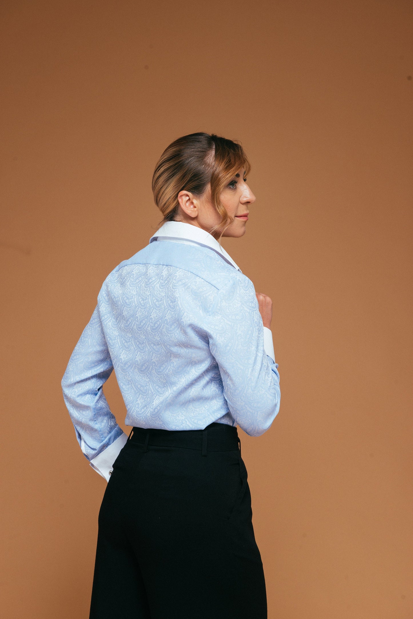 Paisley French Cuff Blouse: Light Blue Cotton Button-Down Shirt
