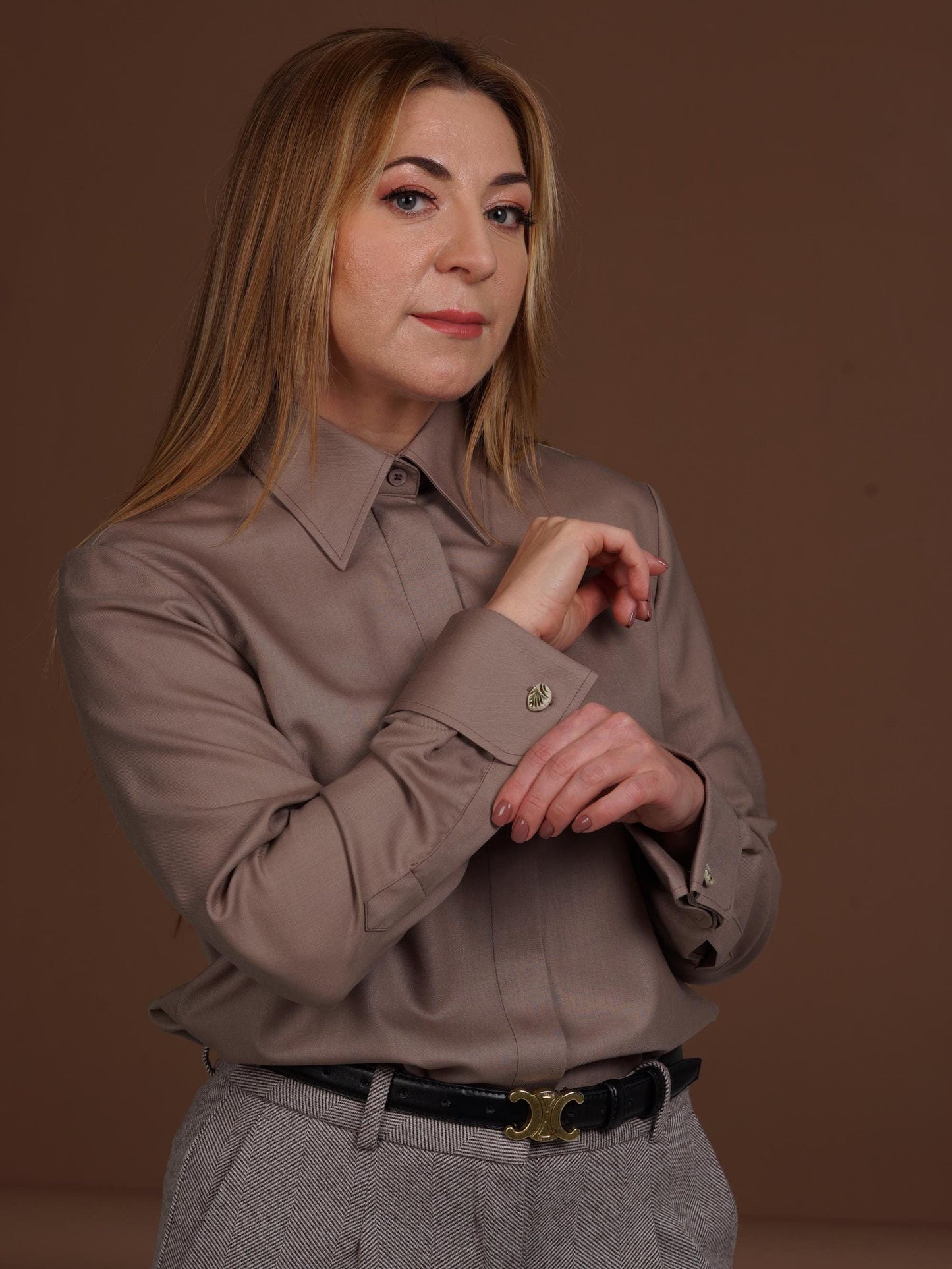 Luxury Merino Wool Shirt: Mocha Brown French Cuff Blouse