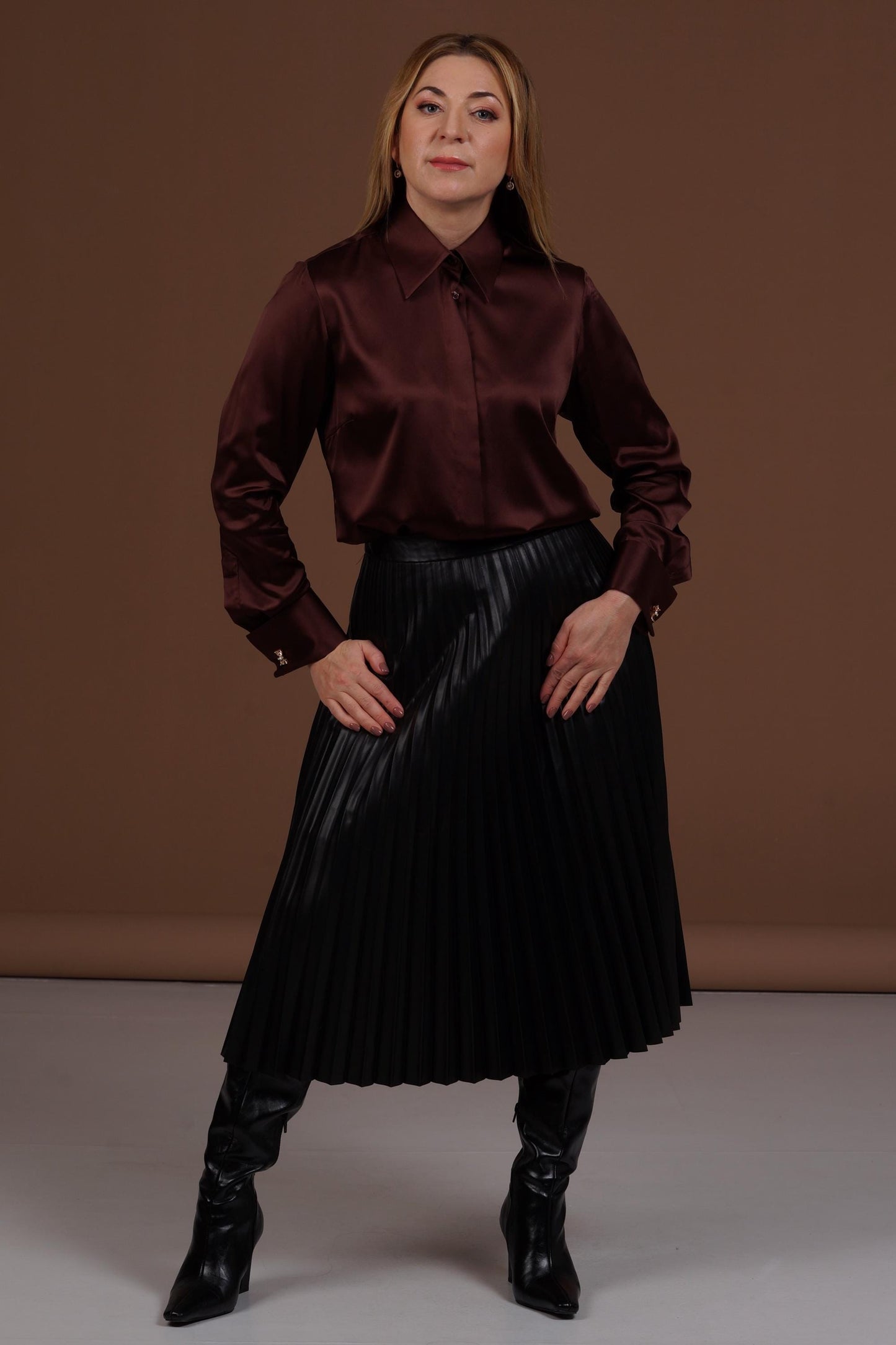 Mulberry Silk Blouse: Brown French Cuff Button-Down Shirt