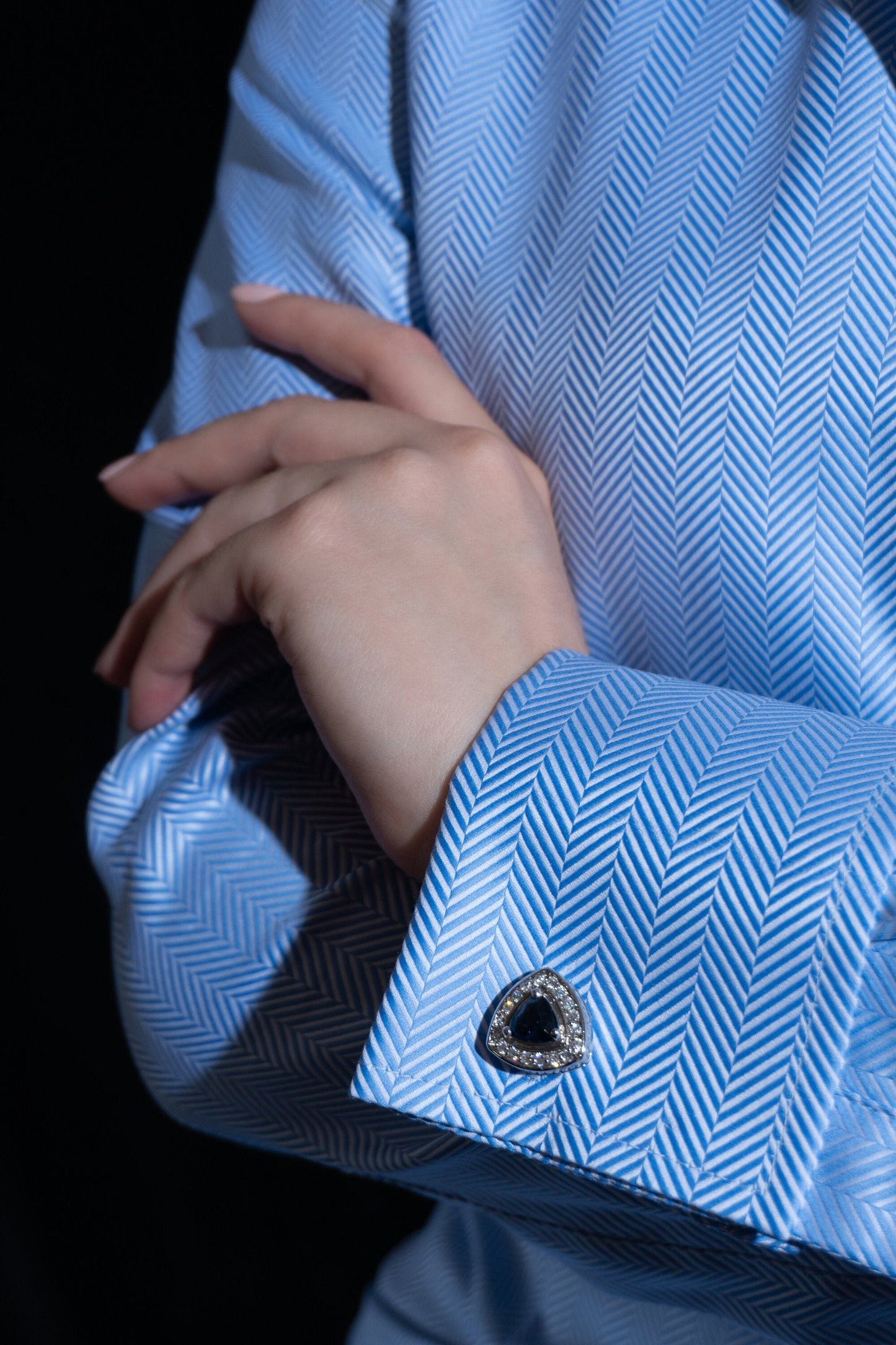 Luxury Cotton Blue French Cuff Blouse: Herringbone Dress Shirt