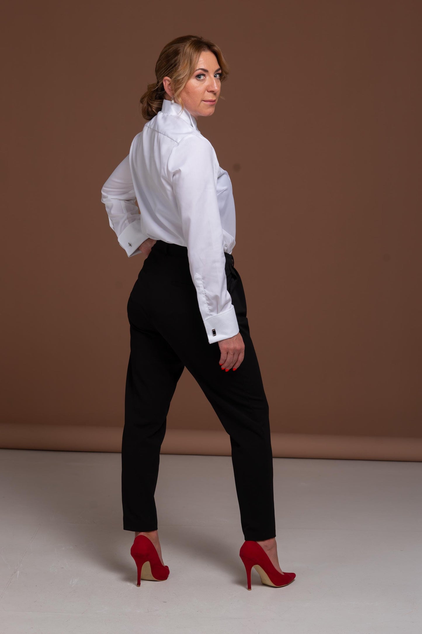 White Cotton Tuxedo Shirt: Piqué Detail, Wing Collar, French Cuff