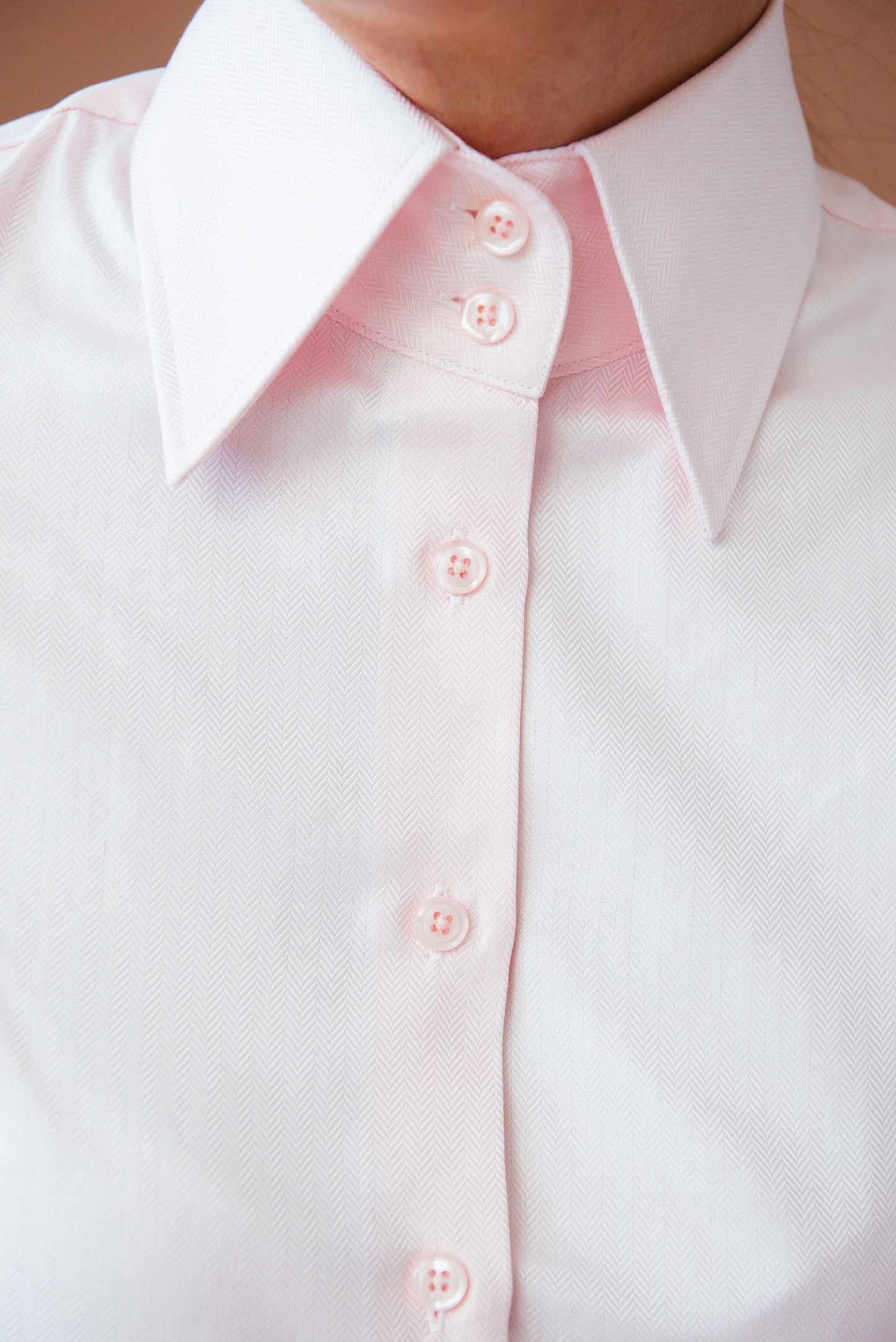 Pink Herringbone Cotton French Cuff Blouse - High Collar Elegant Shirt