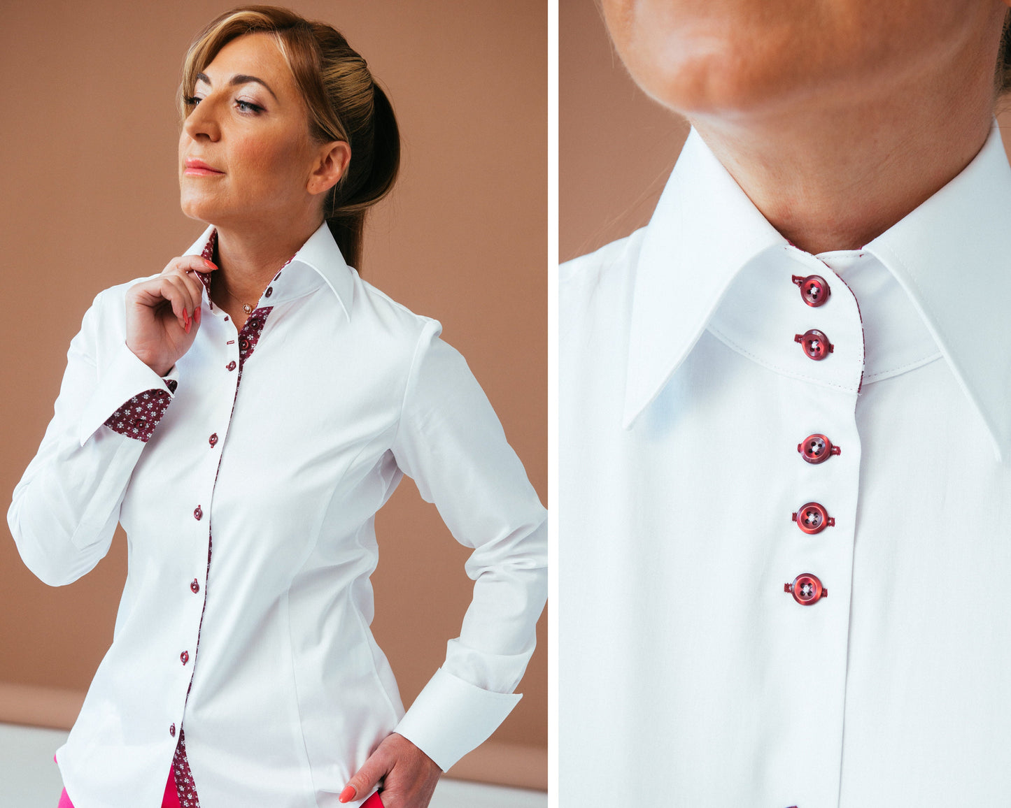 White Fitted Blouse: Stretch Cotton Button-Down with Designer Cuffs