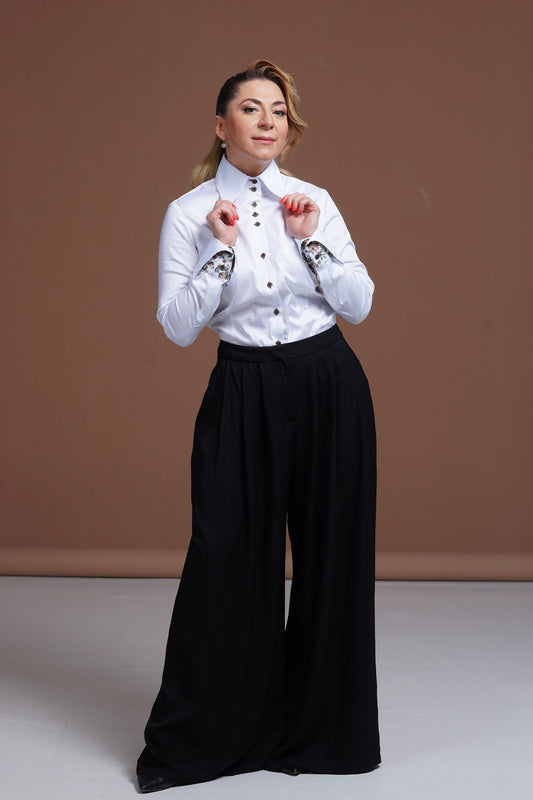 White Stretch Cotton Shirt: Women's High Neck Blouse with Floral Cuffs