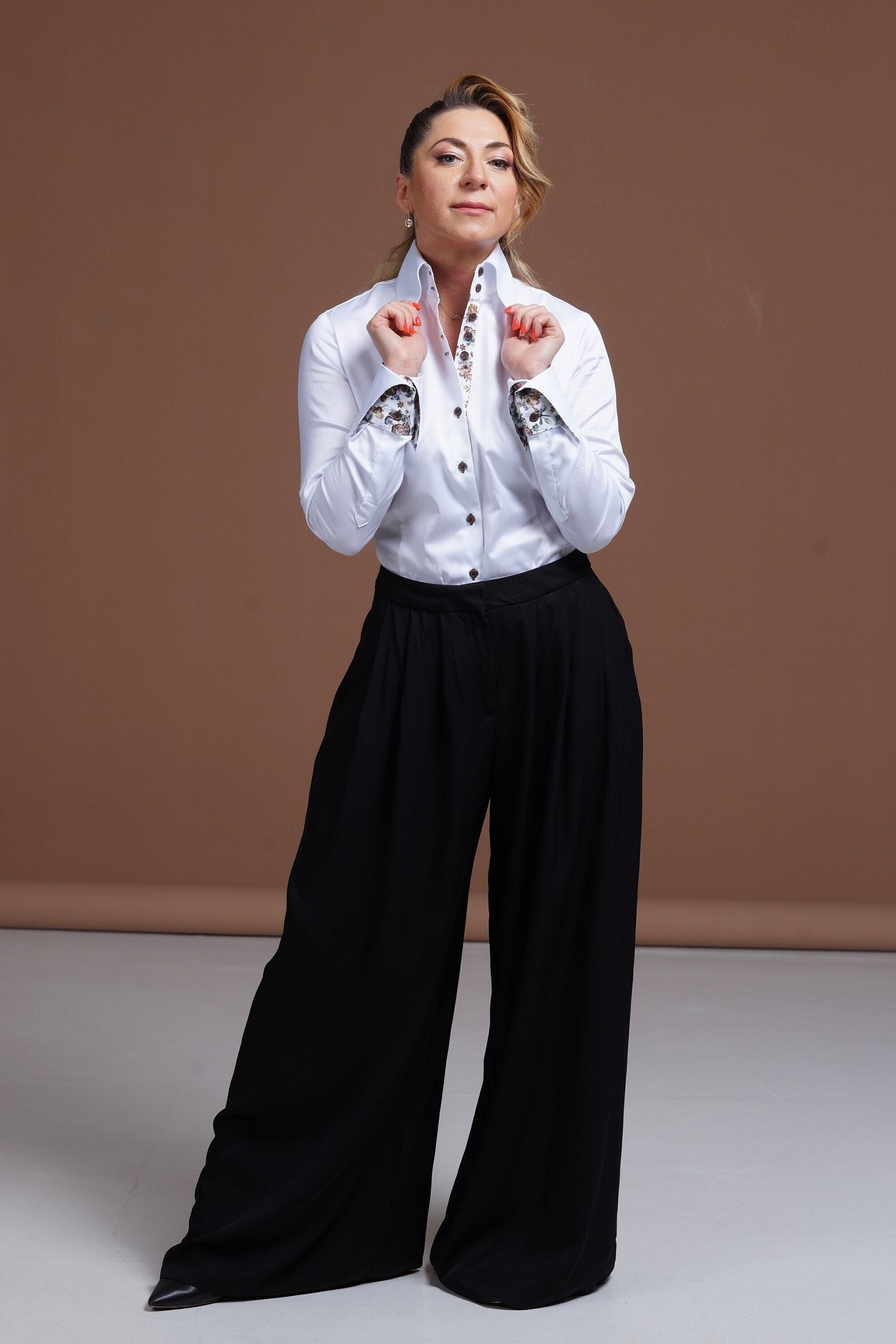 White Stretch Cotton Shirt: Women's High Neck Blouse with Floral Cuffs