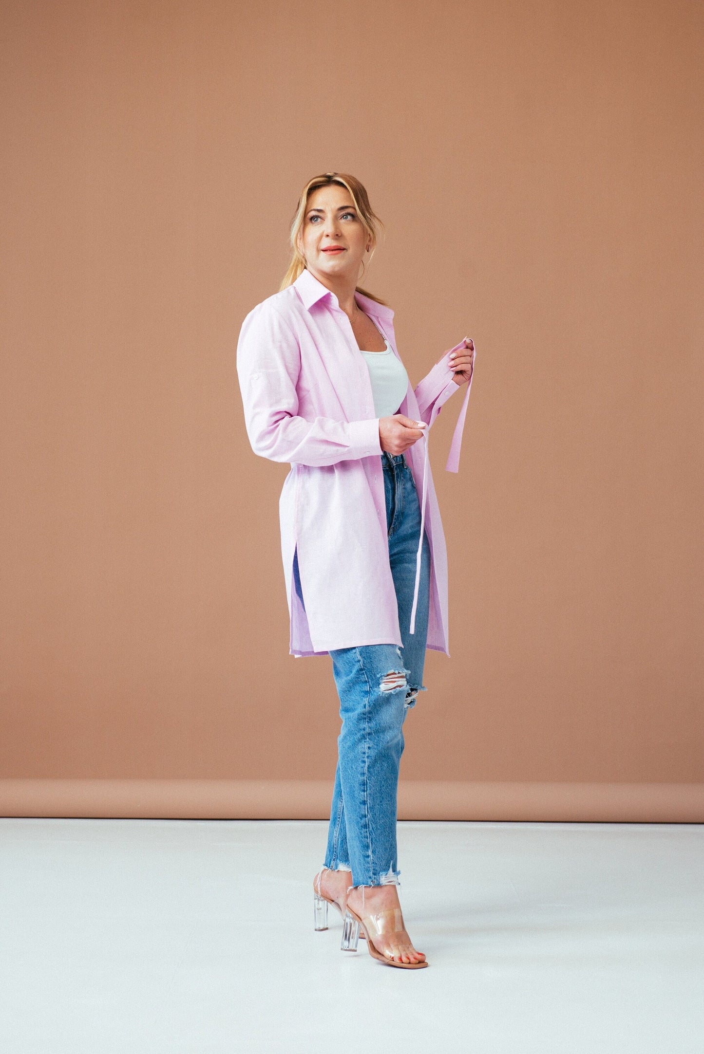 Elegant Linen Tunic Top: Pink Cotton-Linen Blend Shirt