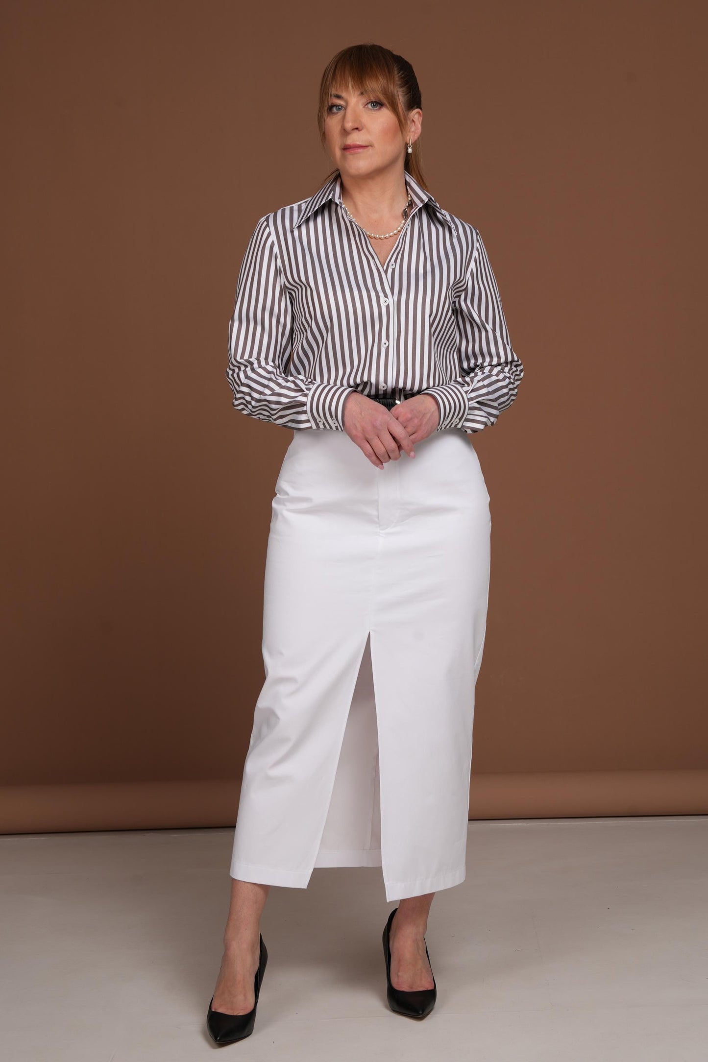 Brown and White Striped Cotton Blouse: European Made Easy Care Shirt