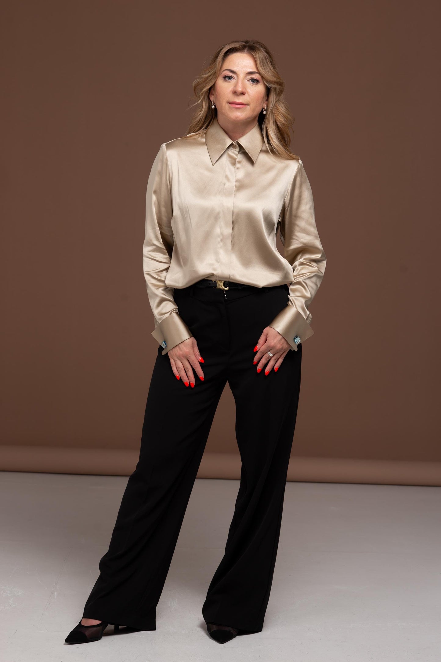 Mulberry Silk Blouse: Gold Button-Up Shirt with French Cuffs