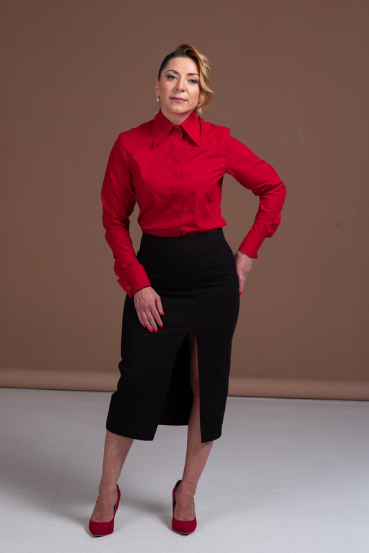 Red Cotton French Cuff Blouse: High Collar Button-Down Shirt