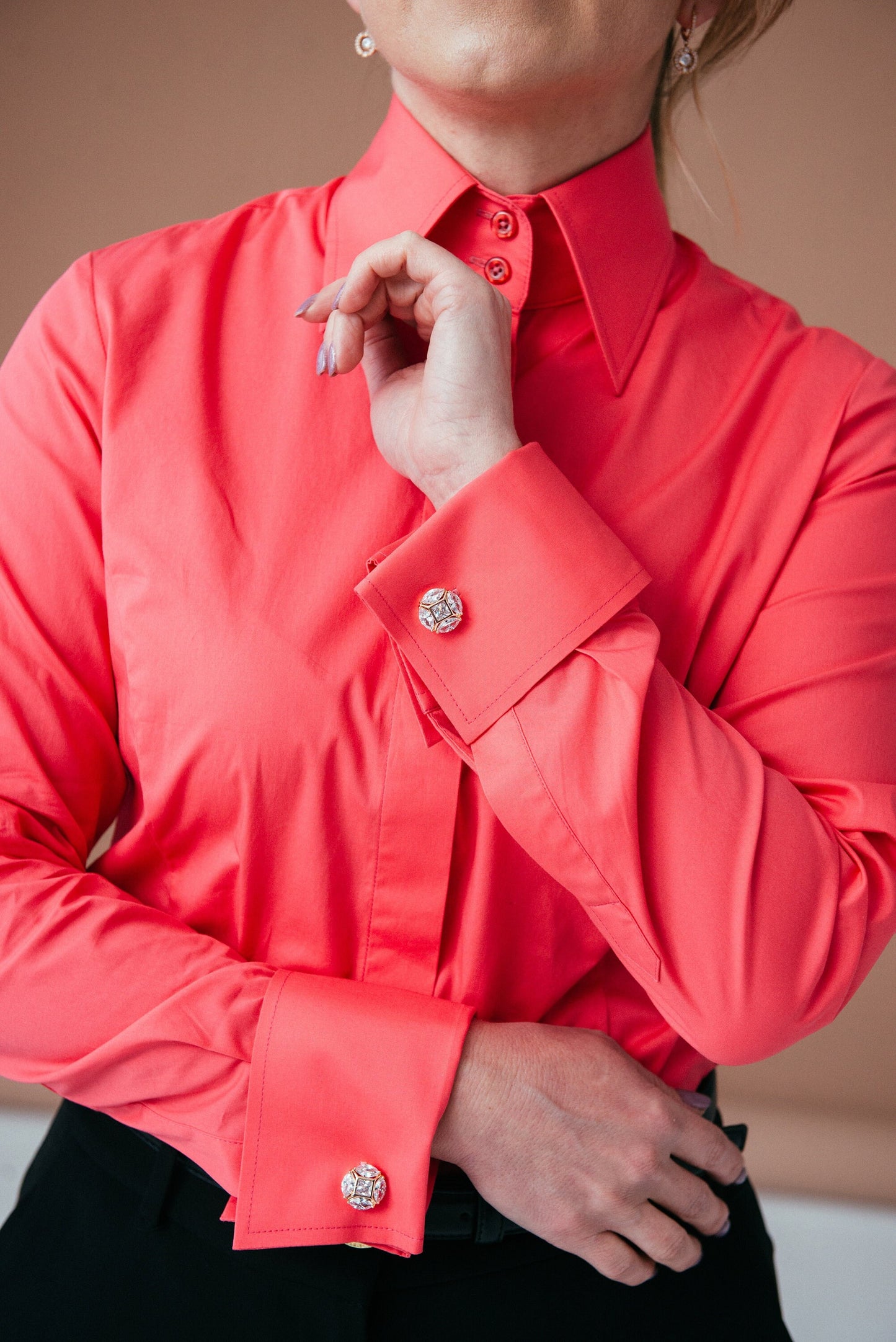 Coral Red French Cuff Blouse: Stretch Cotton High Collar Shirt for Women