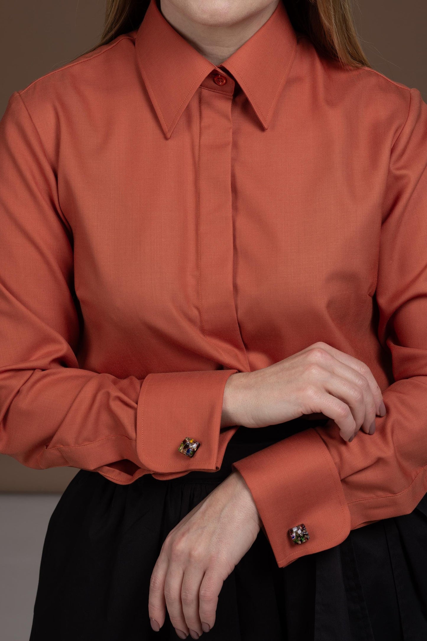 Merino Wool Shirt: Brick Orange French Cuff Button-Up Blouse