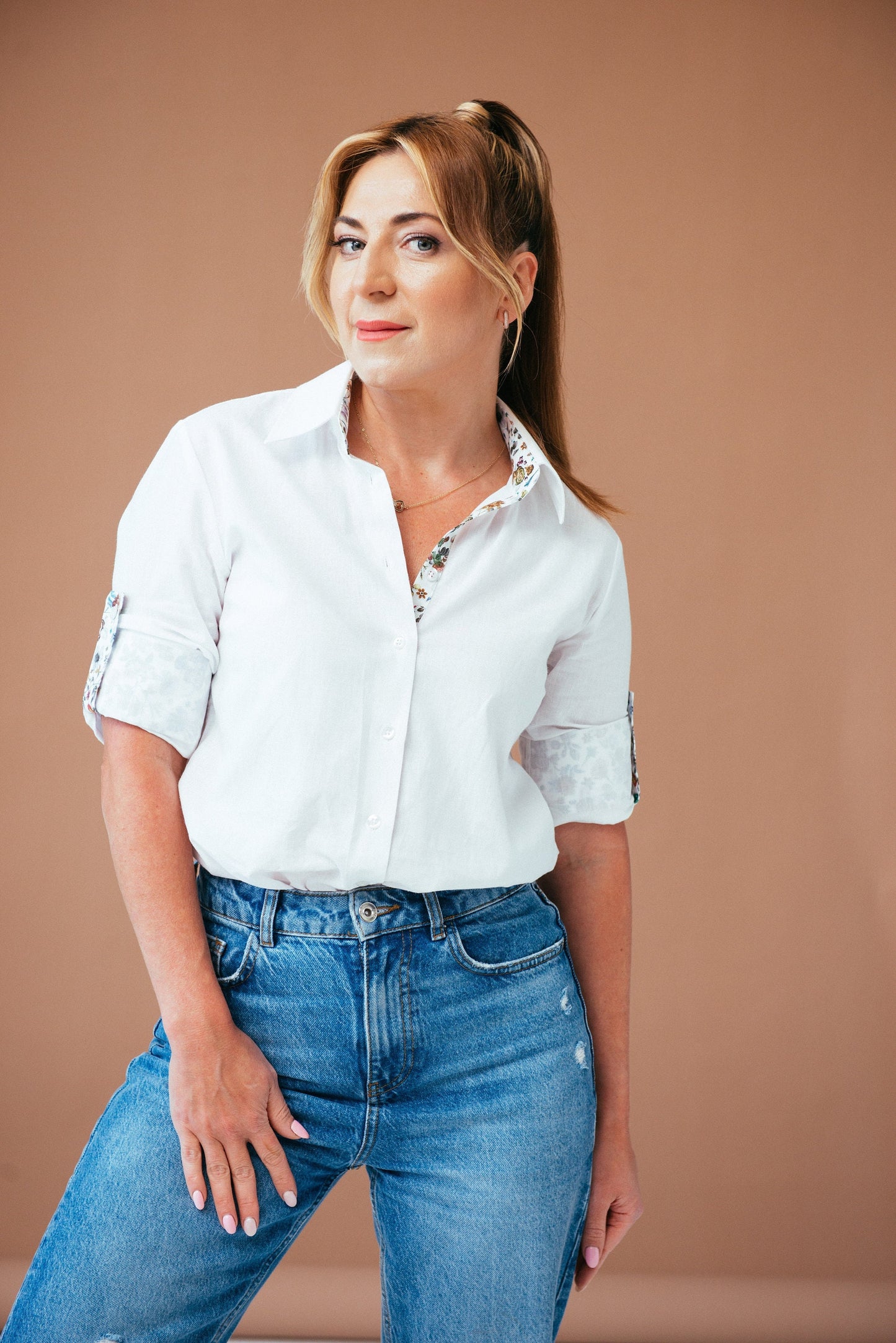 White Linen Cotton Blouse: Floral Accents, Convertible Sleeve