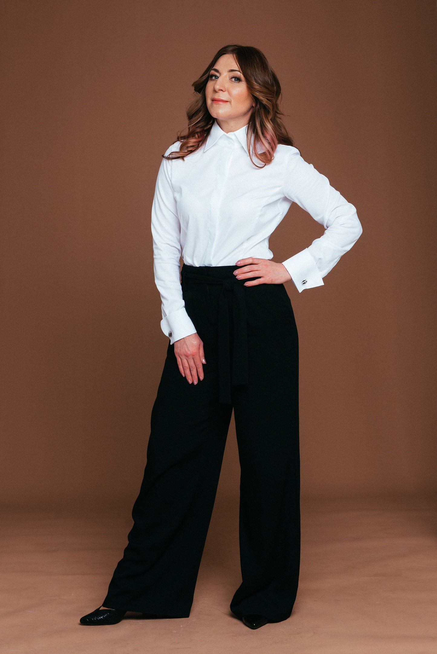 White Oxford French Cuff Blouse: Fitted No Iron High Collar Shirt