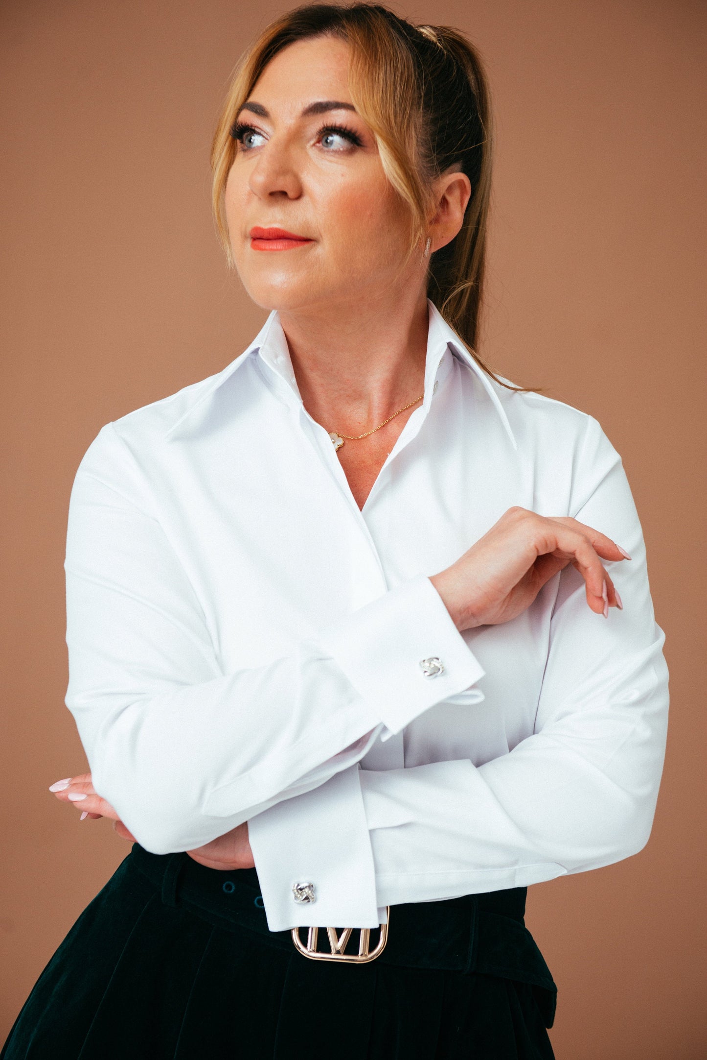 White French Cuff Blouse: High Collar, Pearlescent Buttons - Easy Care