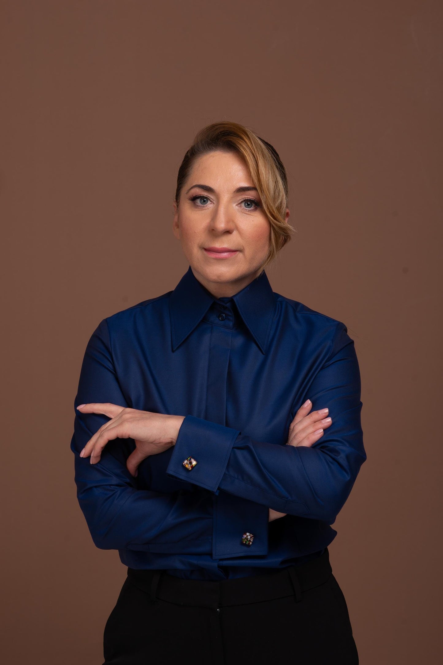 Navy Blue French Cuff Shirt: Fitted Easy Care Cotton Blouse