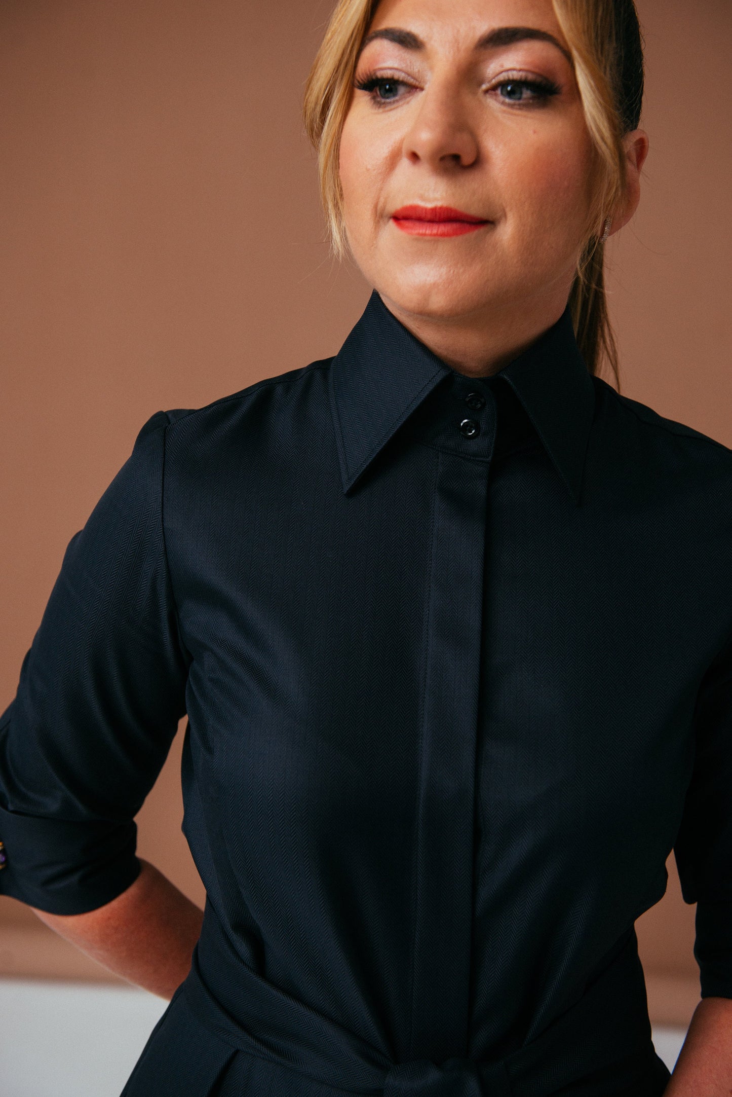 Black Cotton Midi Shirtdress: Belted Button-Down French Cuff Dress