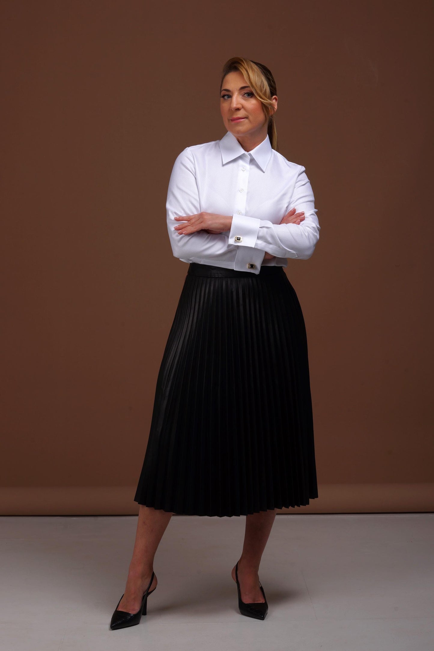 Fitted White Cotton Shirt: French Cuff Blouse, Classic Collar Business Dress Shirt