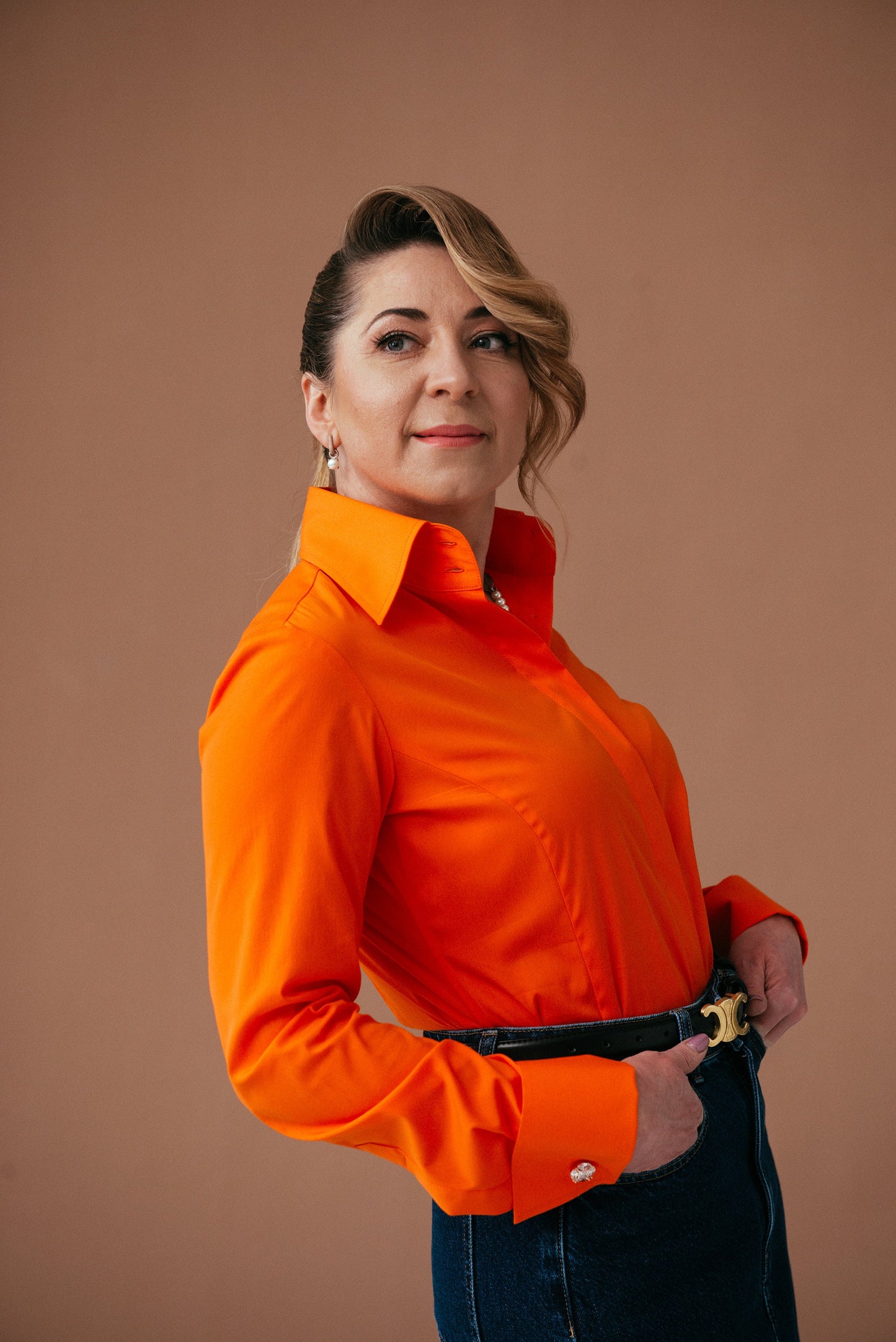Orange French Cuff Blouse: Stretch Cotton High Collar Shirt