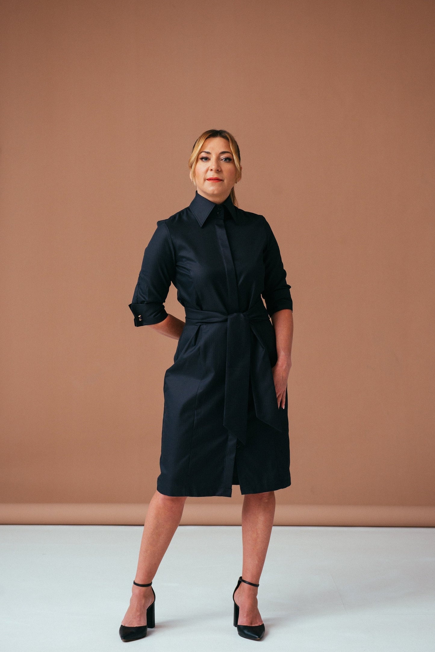 Black Cotton Midi Shirtdress: Belted Button-Down French Cuff Dress