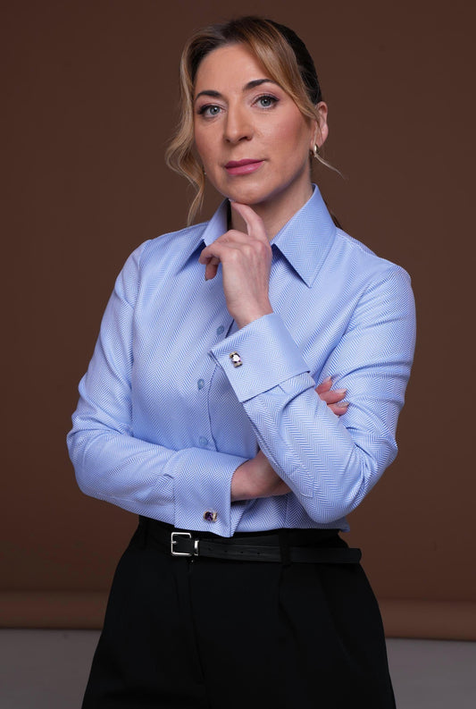 Blue French Cuff Blouse: Elegant 100% Cotton Easy Care Shirt