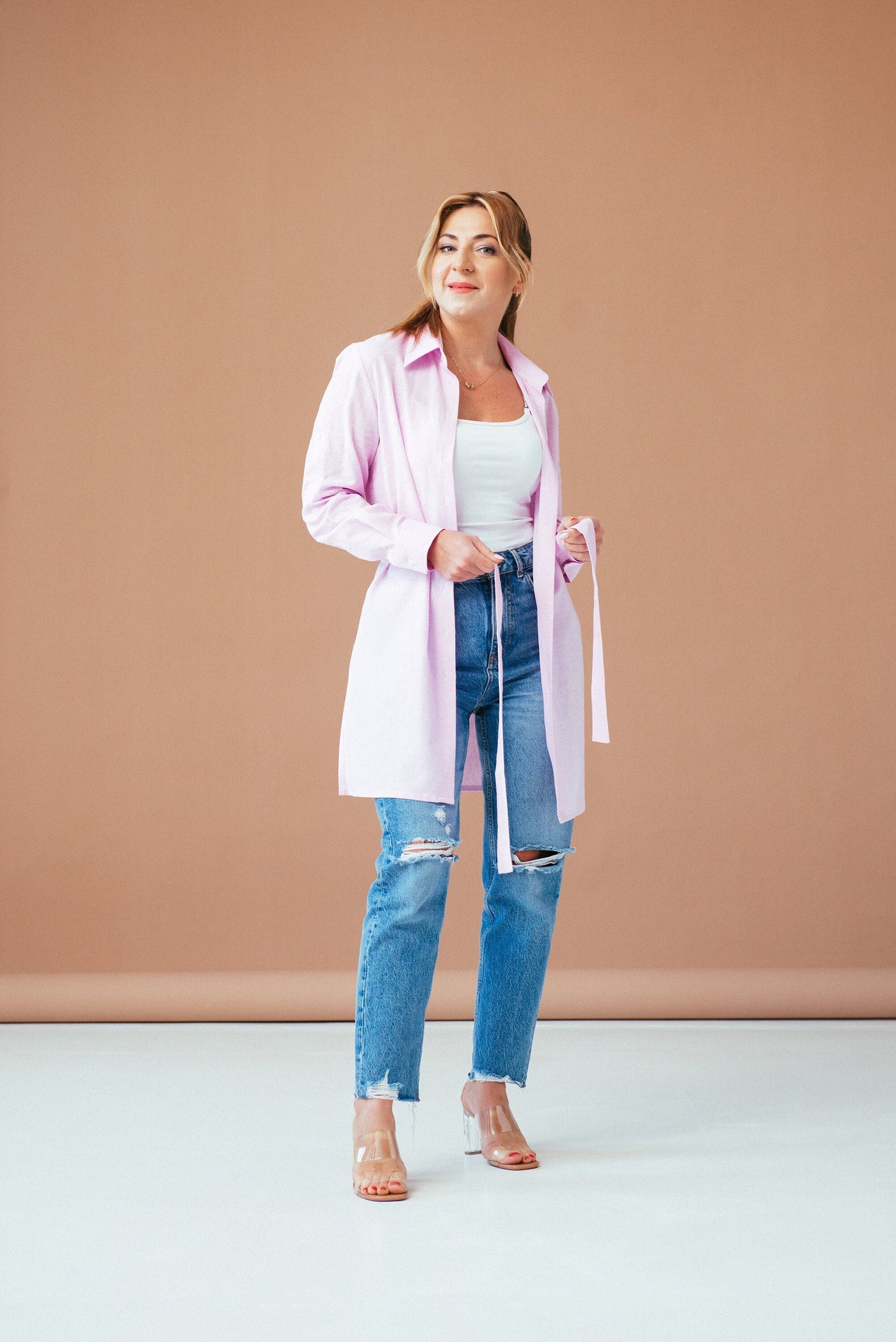 Elegant Linen Tunic Top: Pink Cotton-Linen Blend Shirt