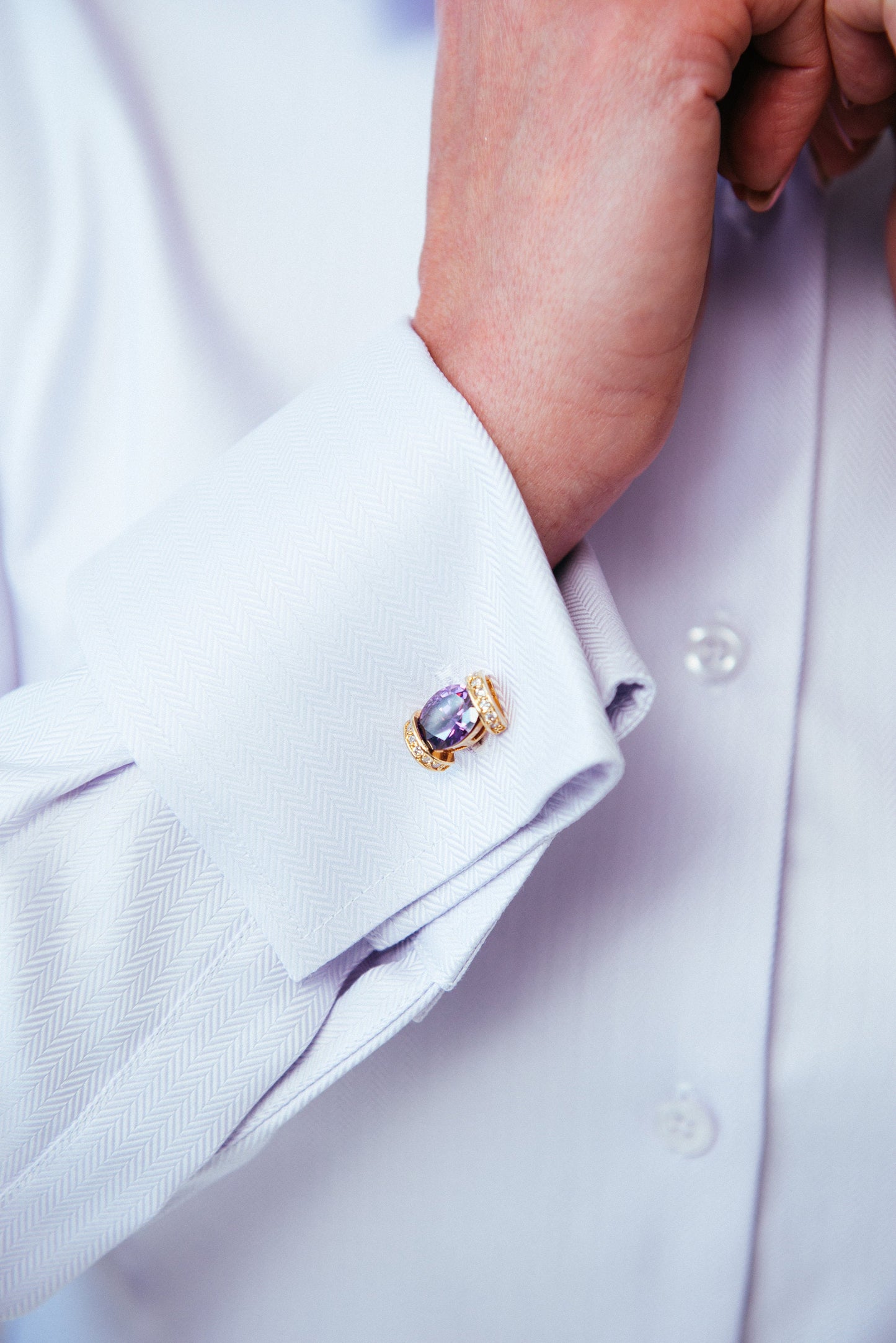 Purple Herringbone French Cuff Shirt: Elegant Cotton Business Blouse