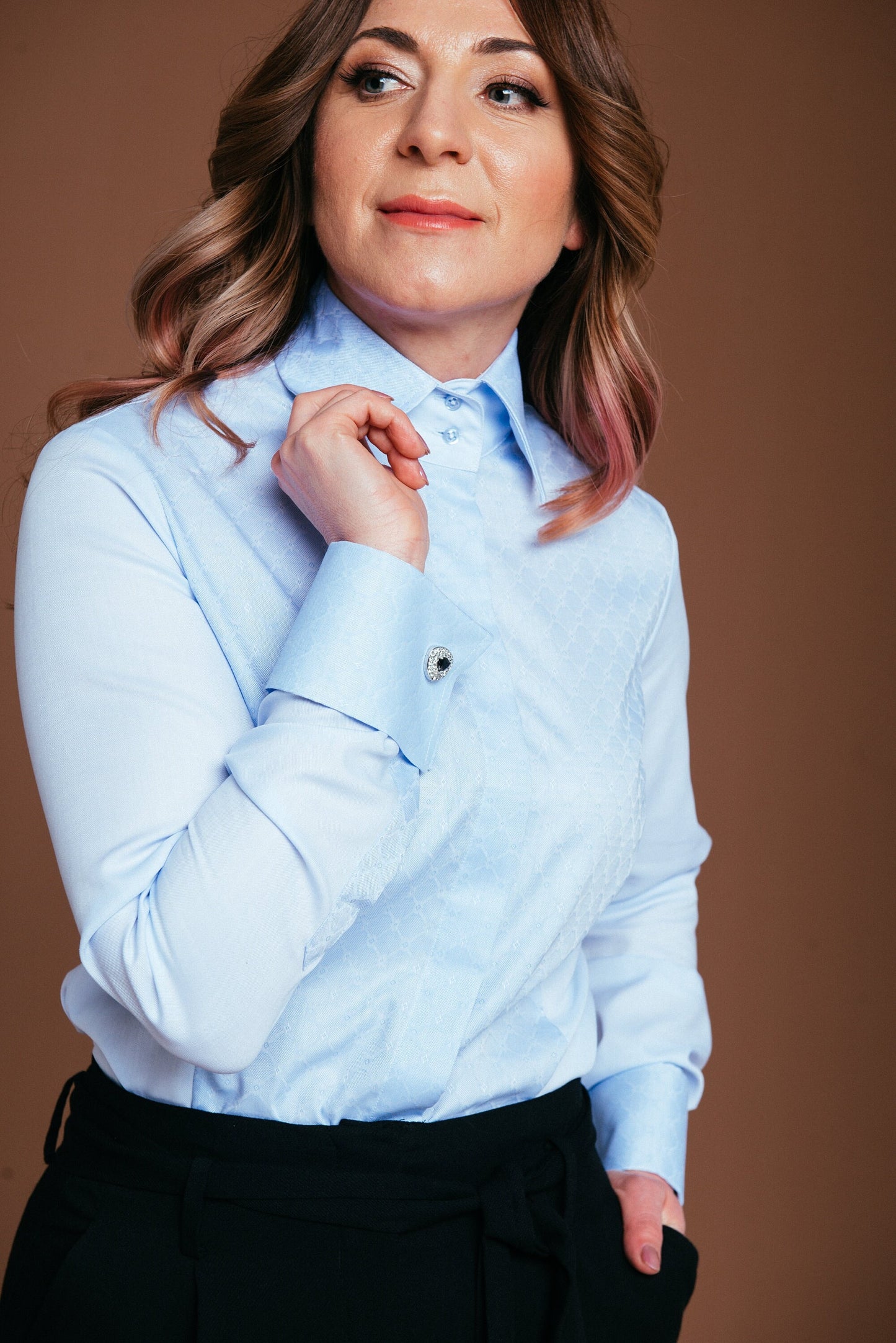 Blue Oxford Cotton French Cuff Blouse: No-Iron Long Sleeve Shirt