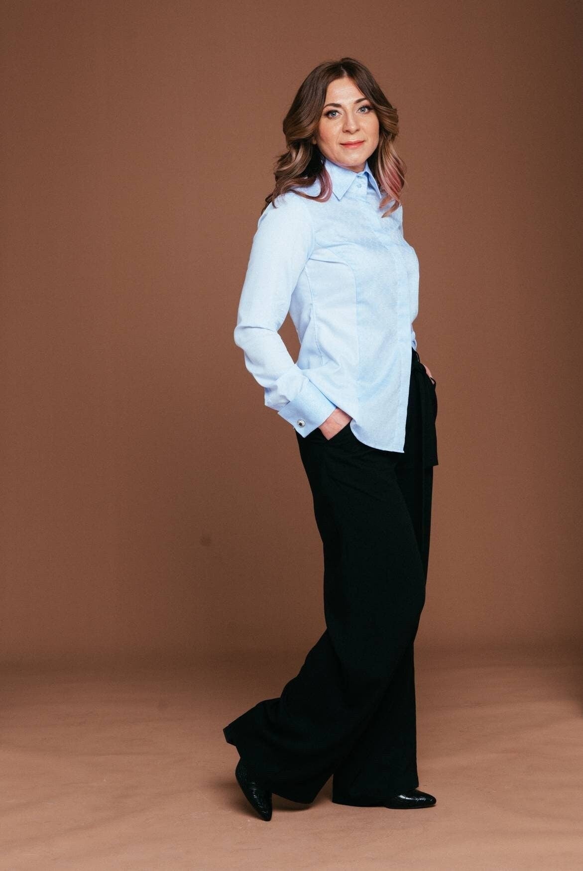 Non-Iron French Cuff Blouse: High Collar Oxford Cotton Tuxedo Shirt for Women with Desing
