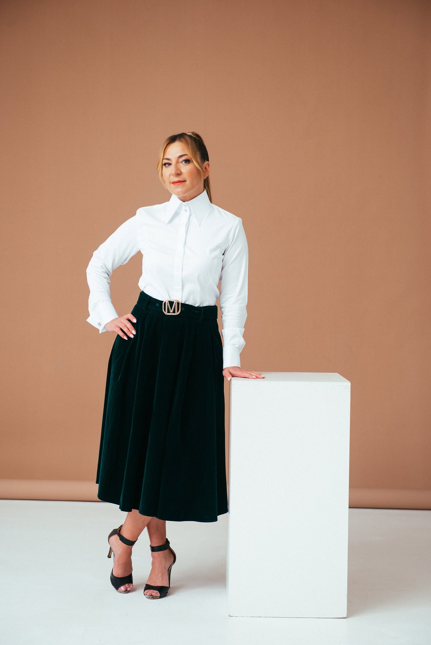 White French Cuff Blouse: High Collar, Pearlescent Buttons - Easy Care