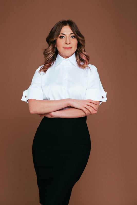 Non-Iron White Cotton Blouse: French Cuff Short Sleeve Shirt