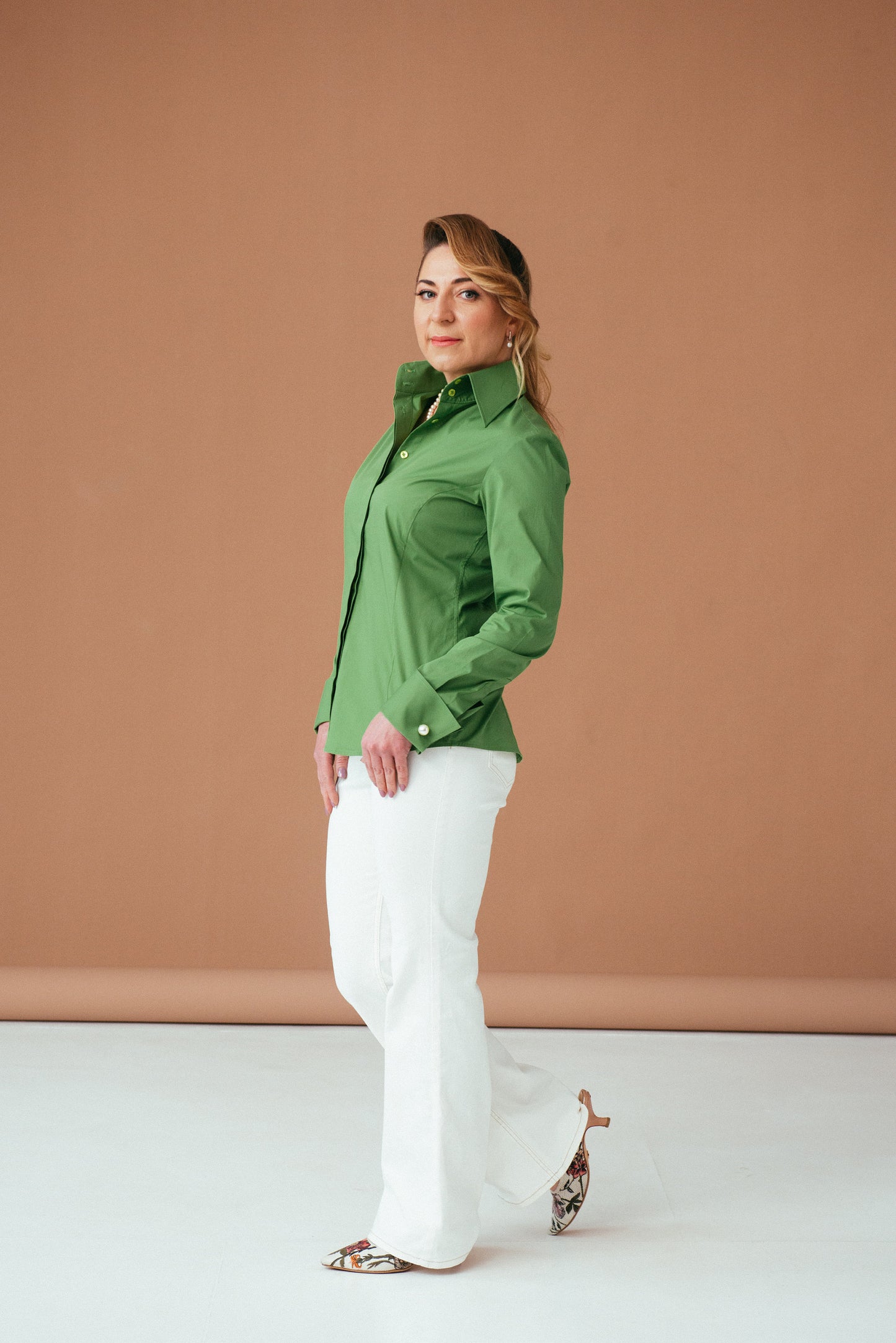 Green French Cuff Shirt: Fitted Cotton Button-Down Blouse