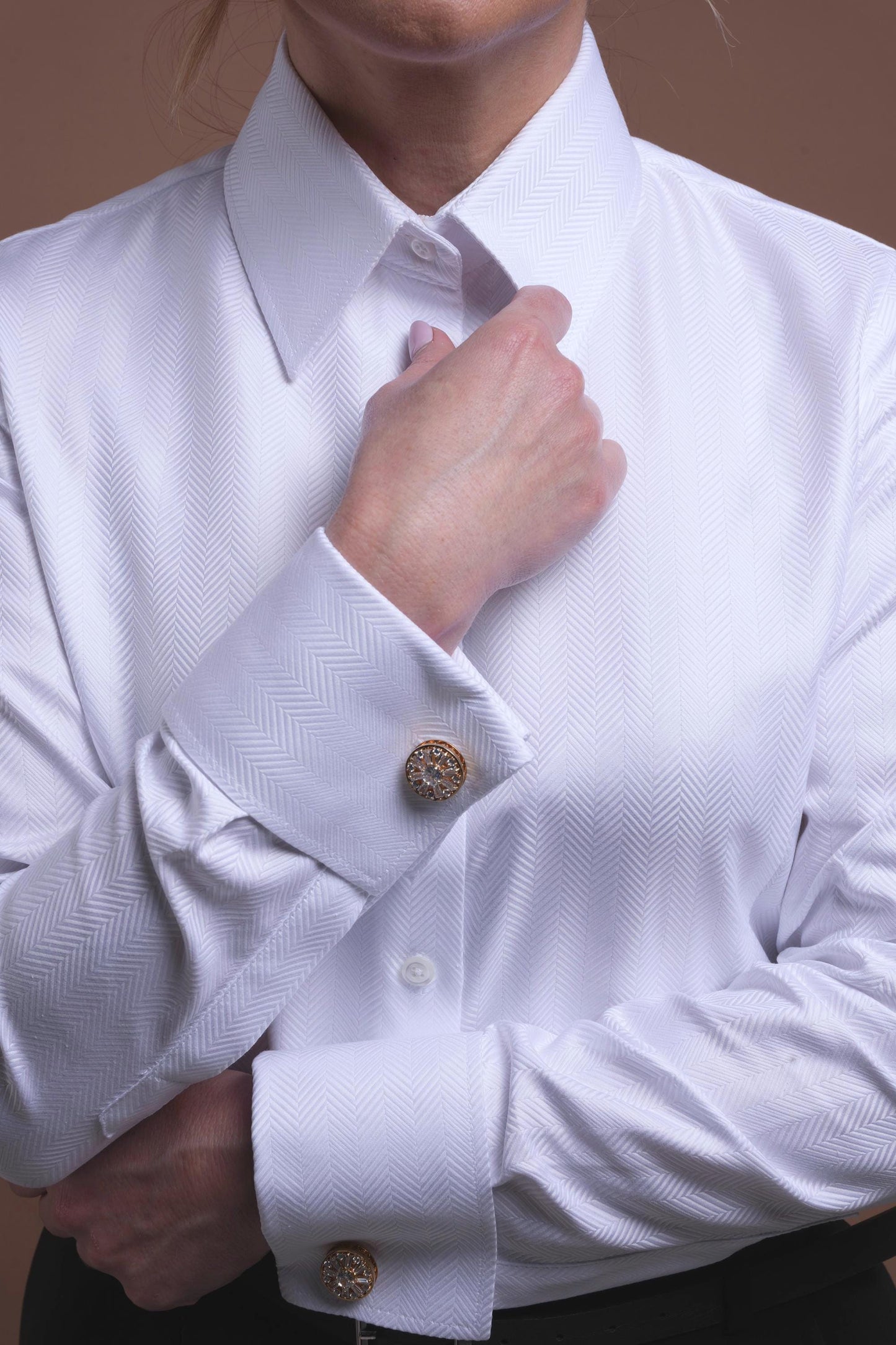 White Herringbone French Cuff Blouse Button Up: 100% Cotton Women's Dress Shirt